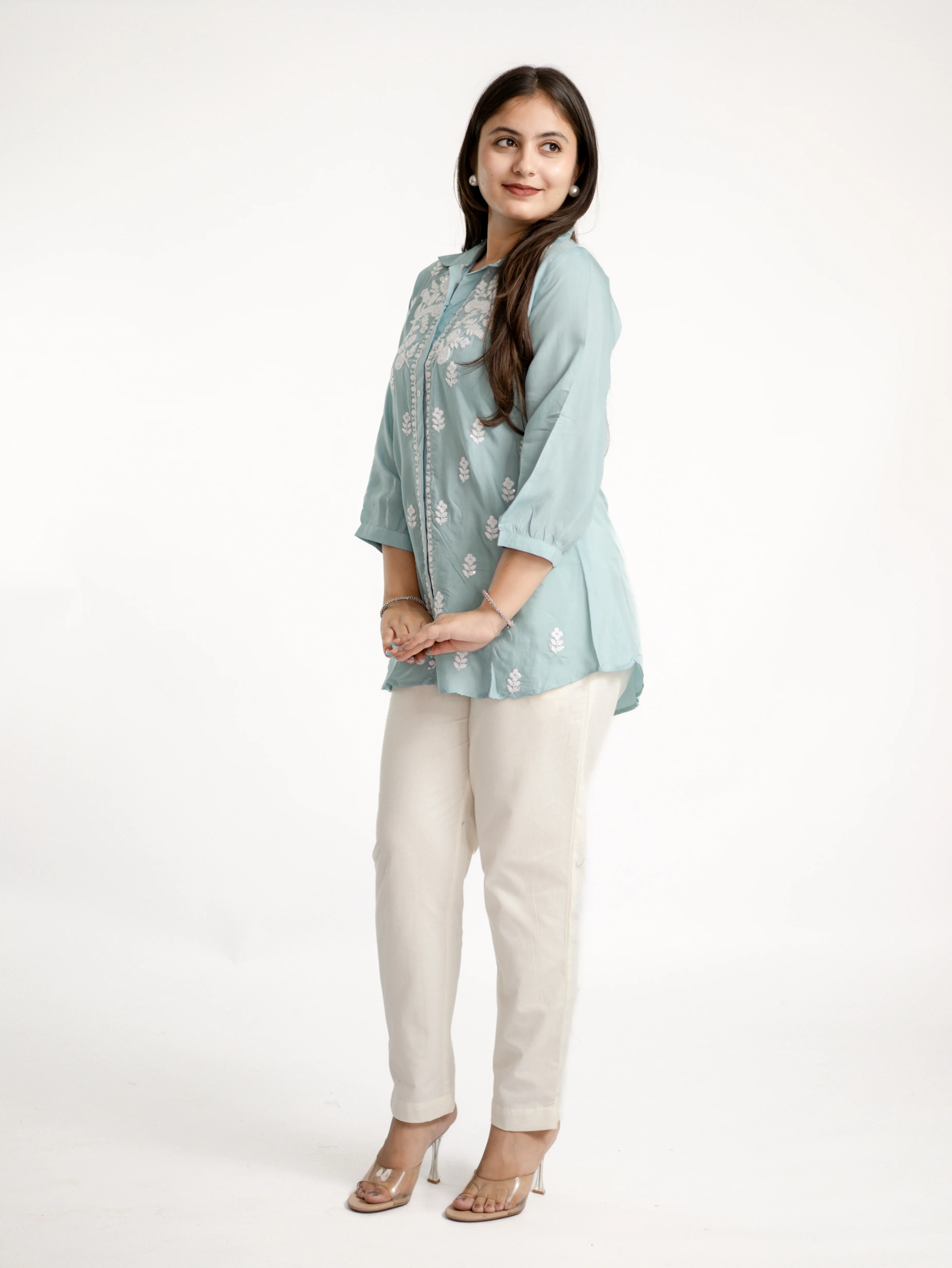 Sirya Blue Muslin Lucknowi Embroidered Short Top - Image 4
