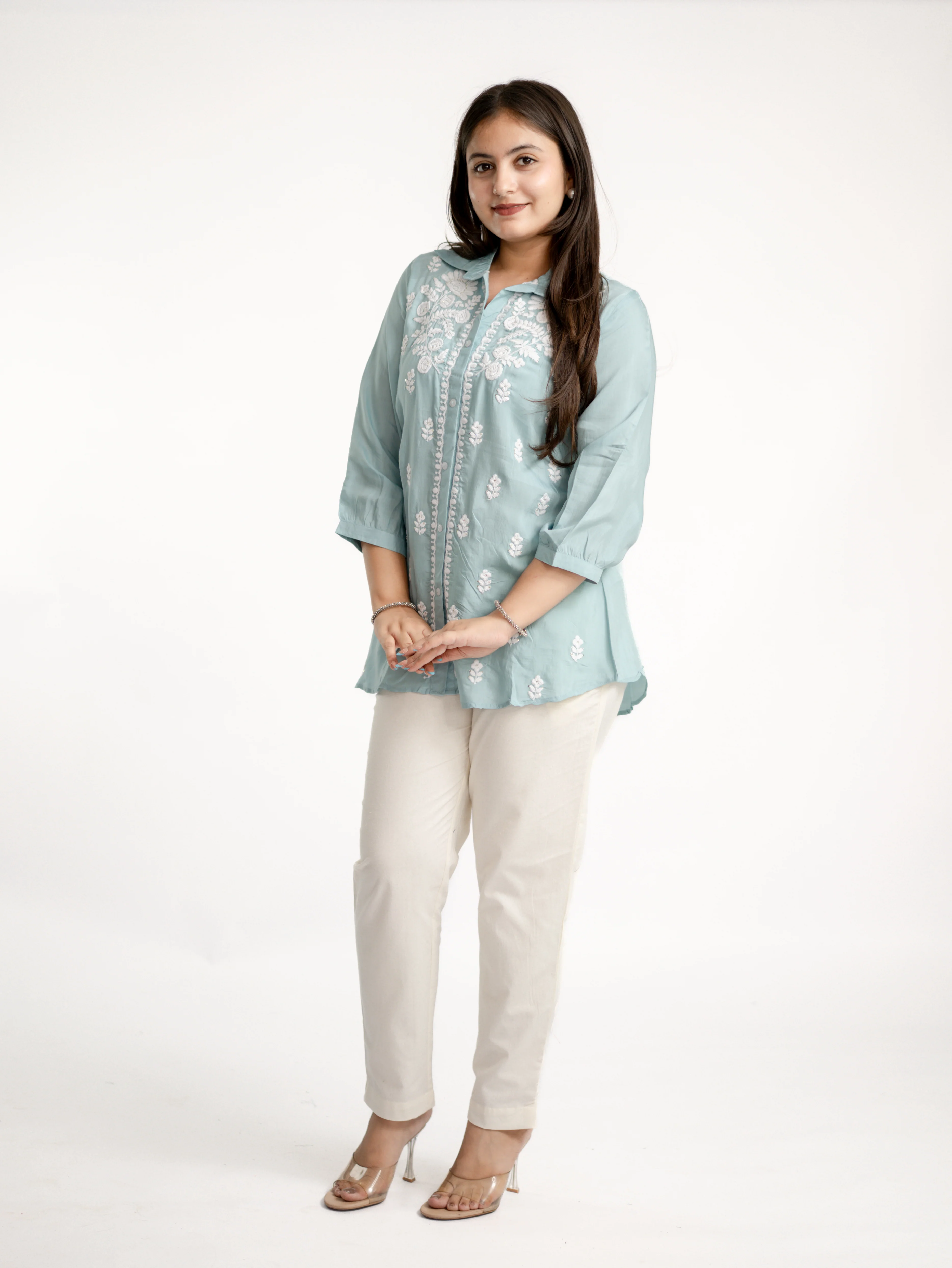Sirya Blue Muslin Lucknowi Embroidered Short Top - Image 5