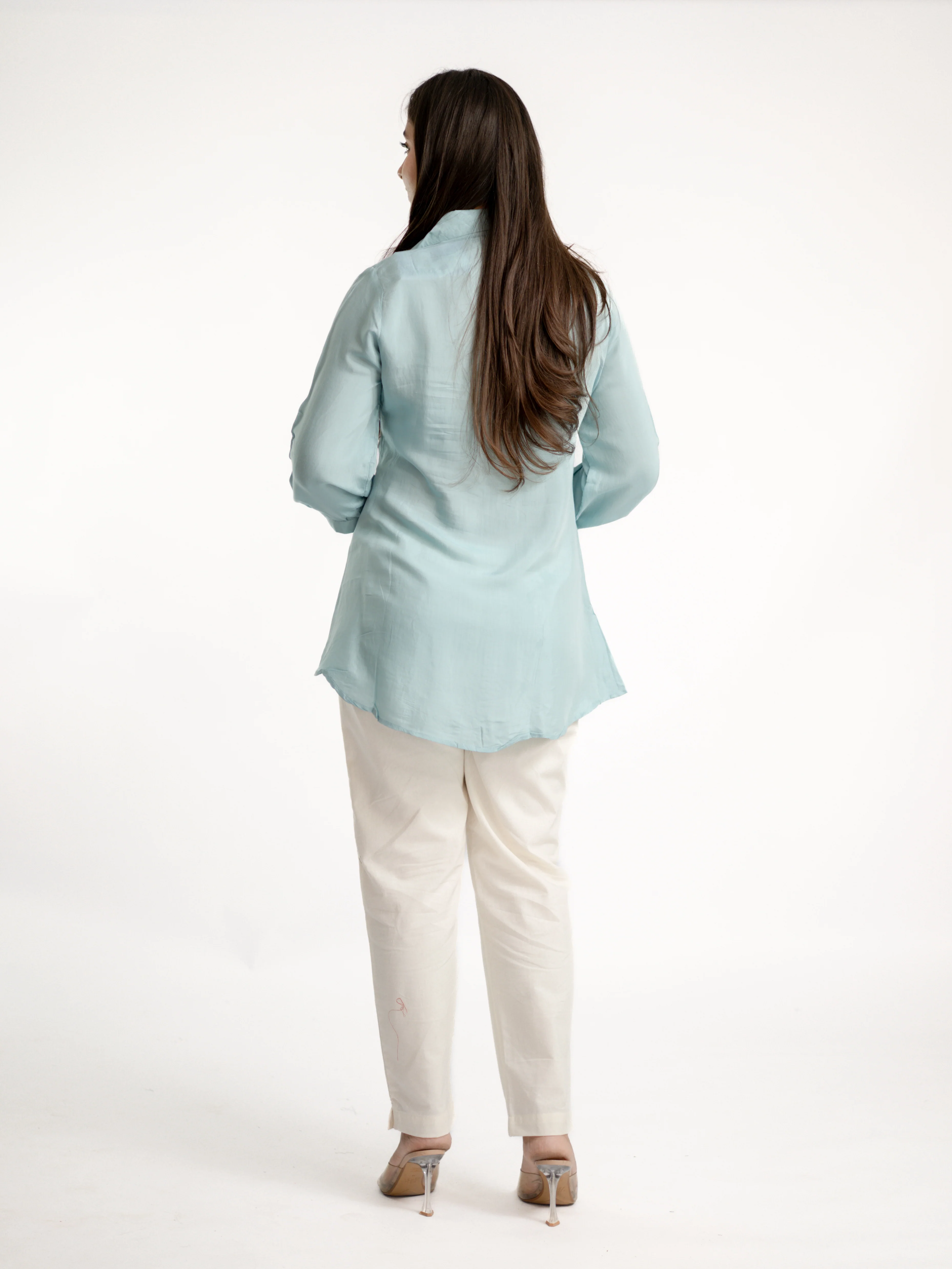 Sirya Blue Muslin Lucknowi Embroidered Short Top - Image 6