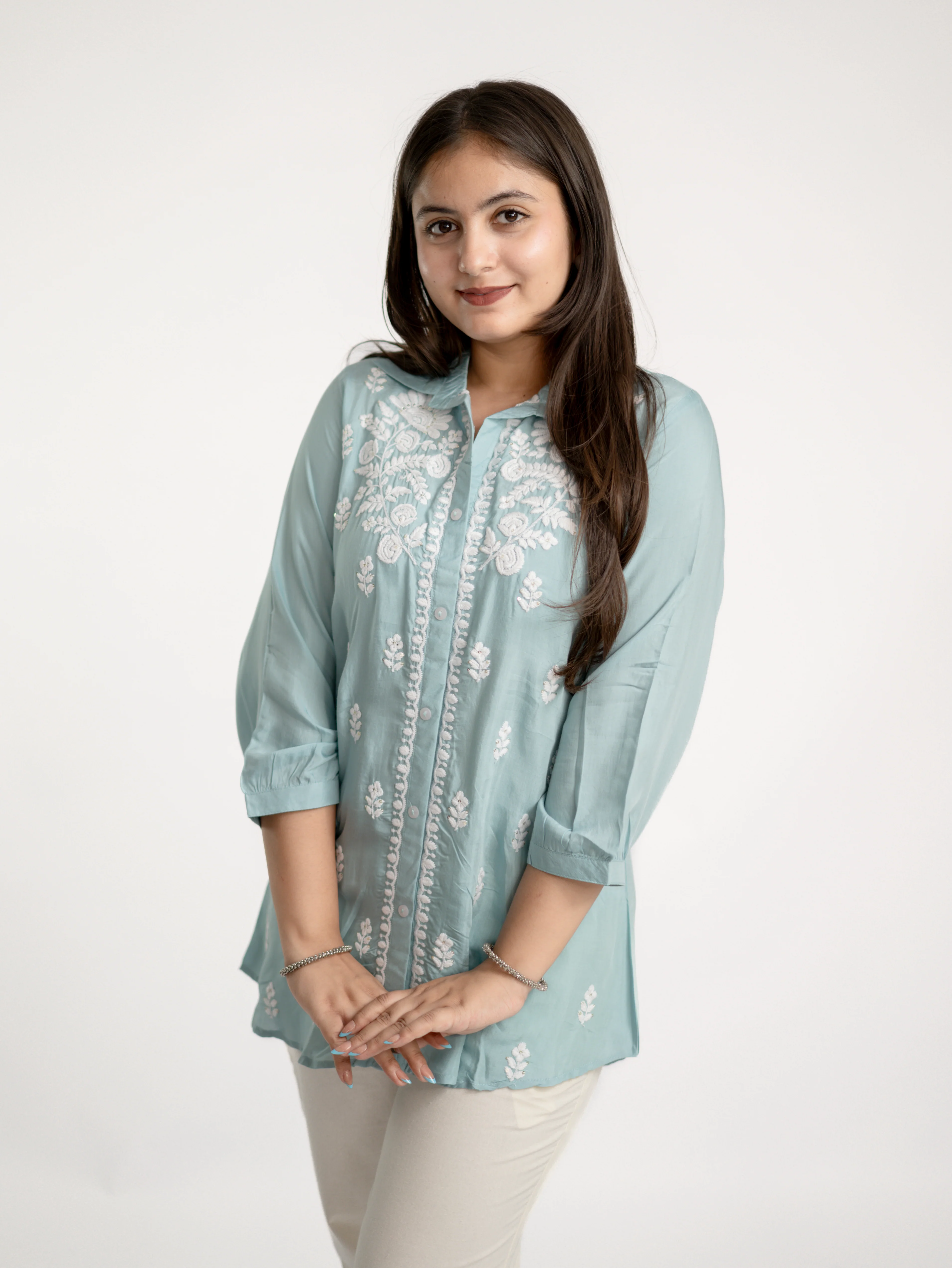 Sirya Blue Muslin Lucknowi Embroidered Short Top - Image 7