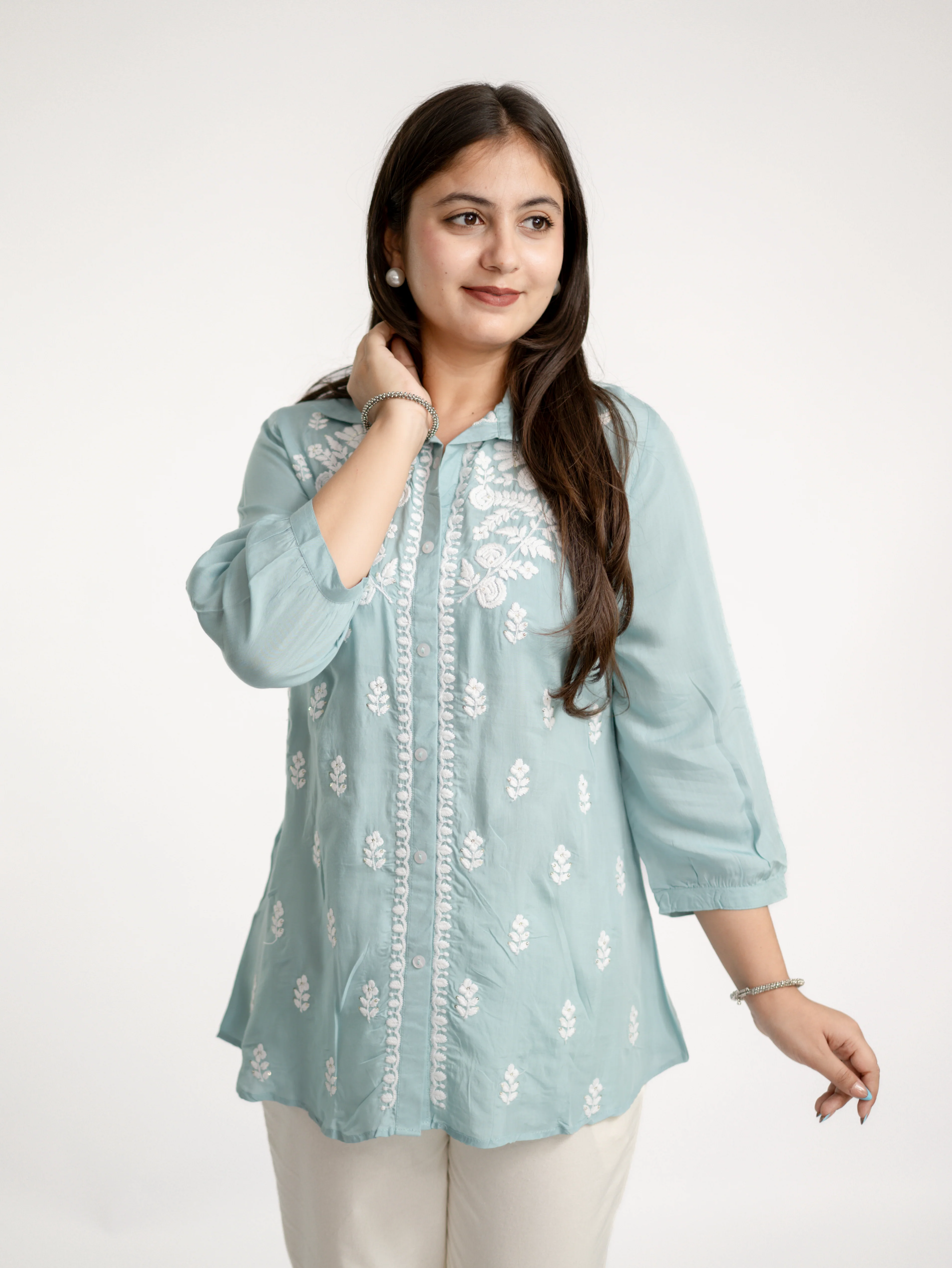 Sirya Blue Muslin Lucknowi Embroidered Short Top - Image 8