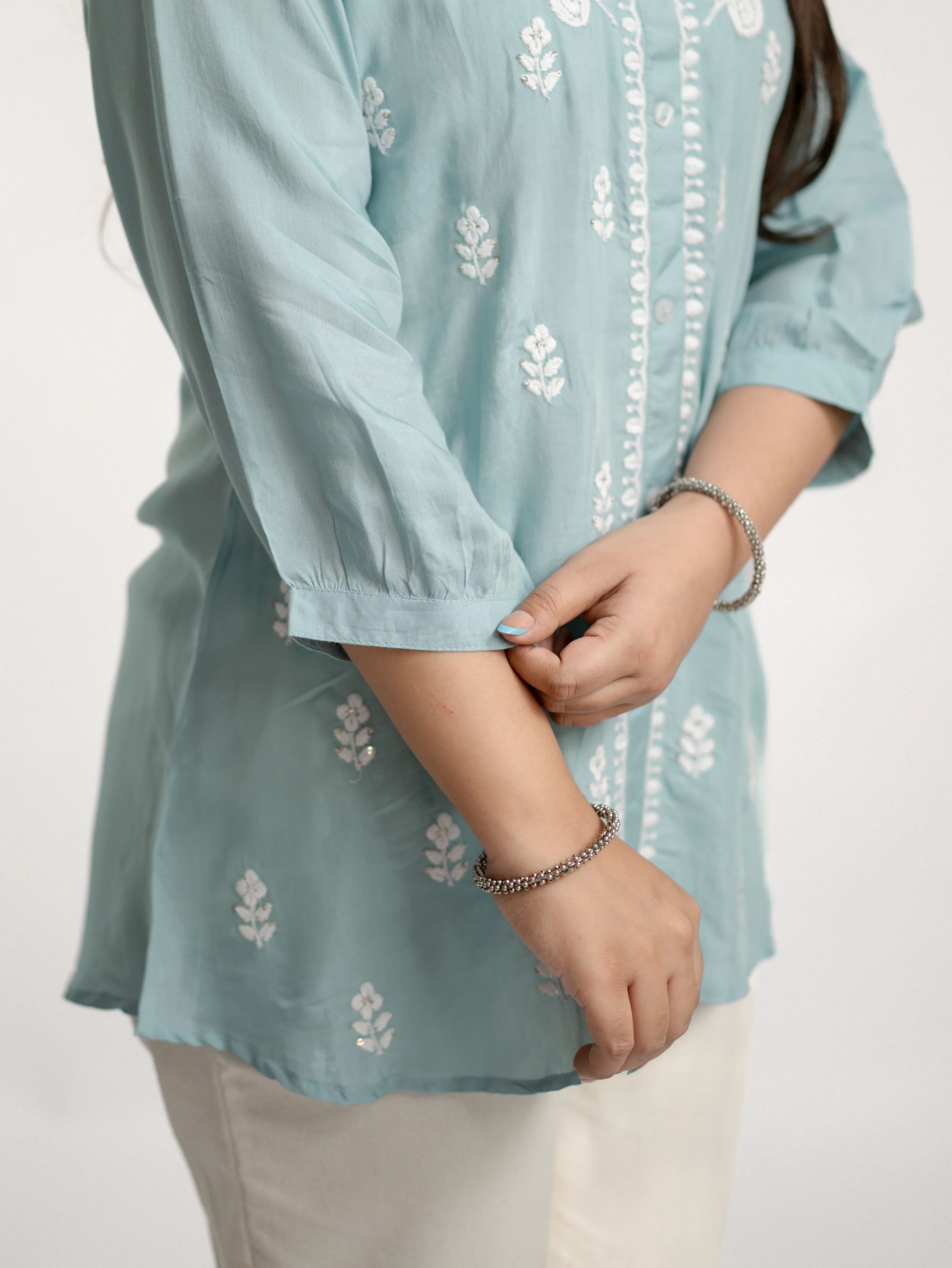 Sirya Blue Muslin Lucknowi Embroidered Short Top - Image 9
