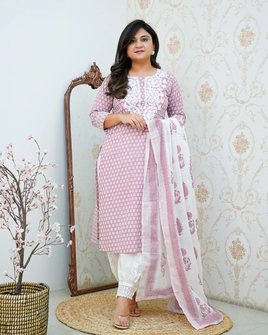Premium Cotton Handblock Lucknowi Afgani Set - Image 2