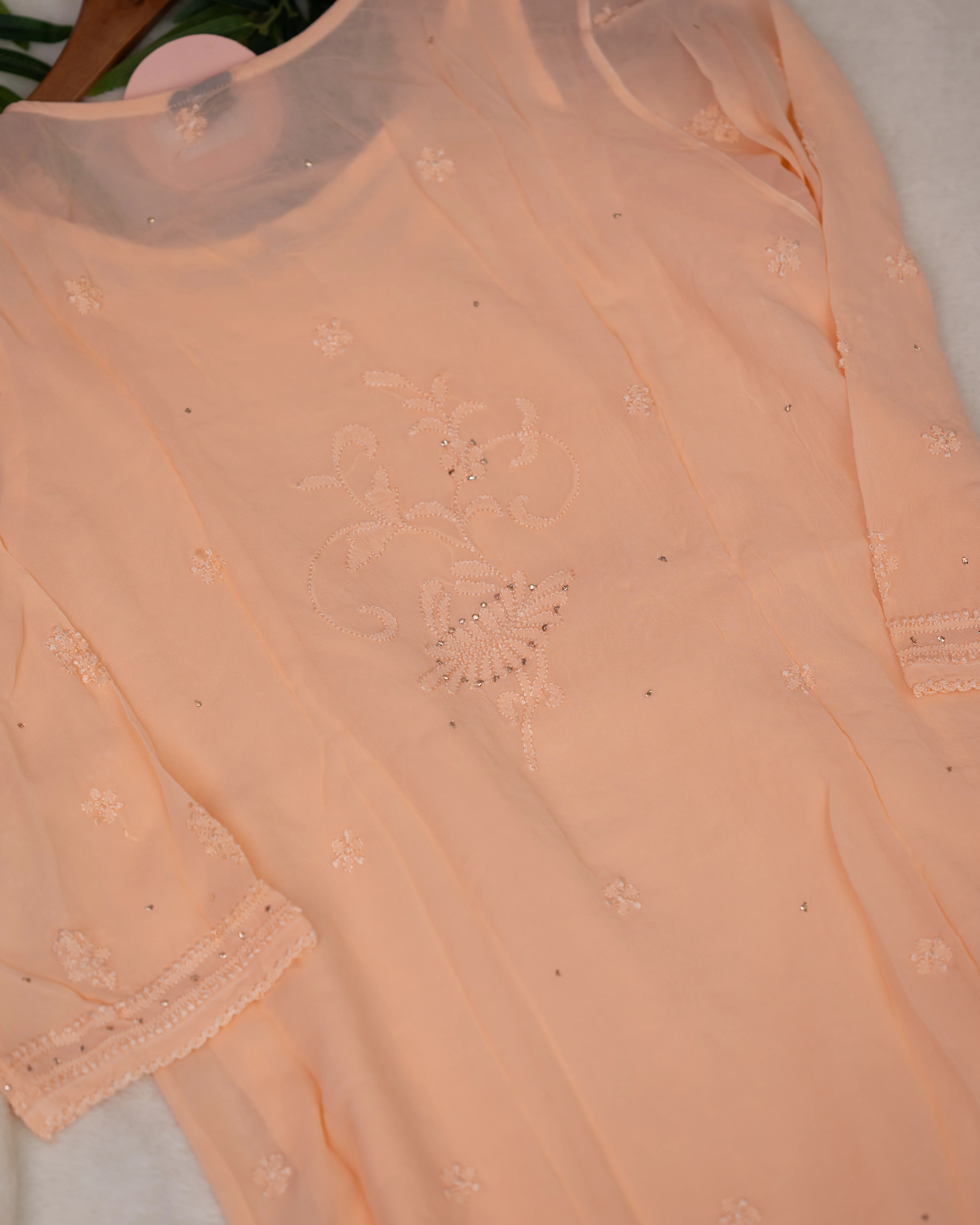 Premium Georgette Hand Embroidered Lucknowi Kurta - Image 4