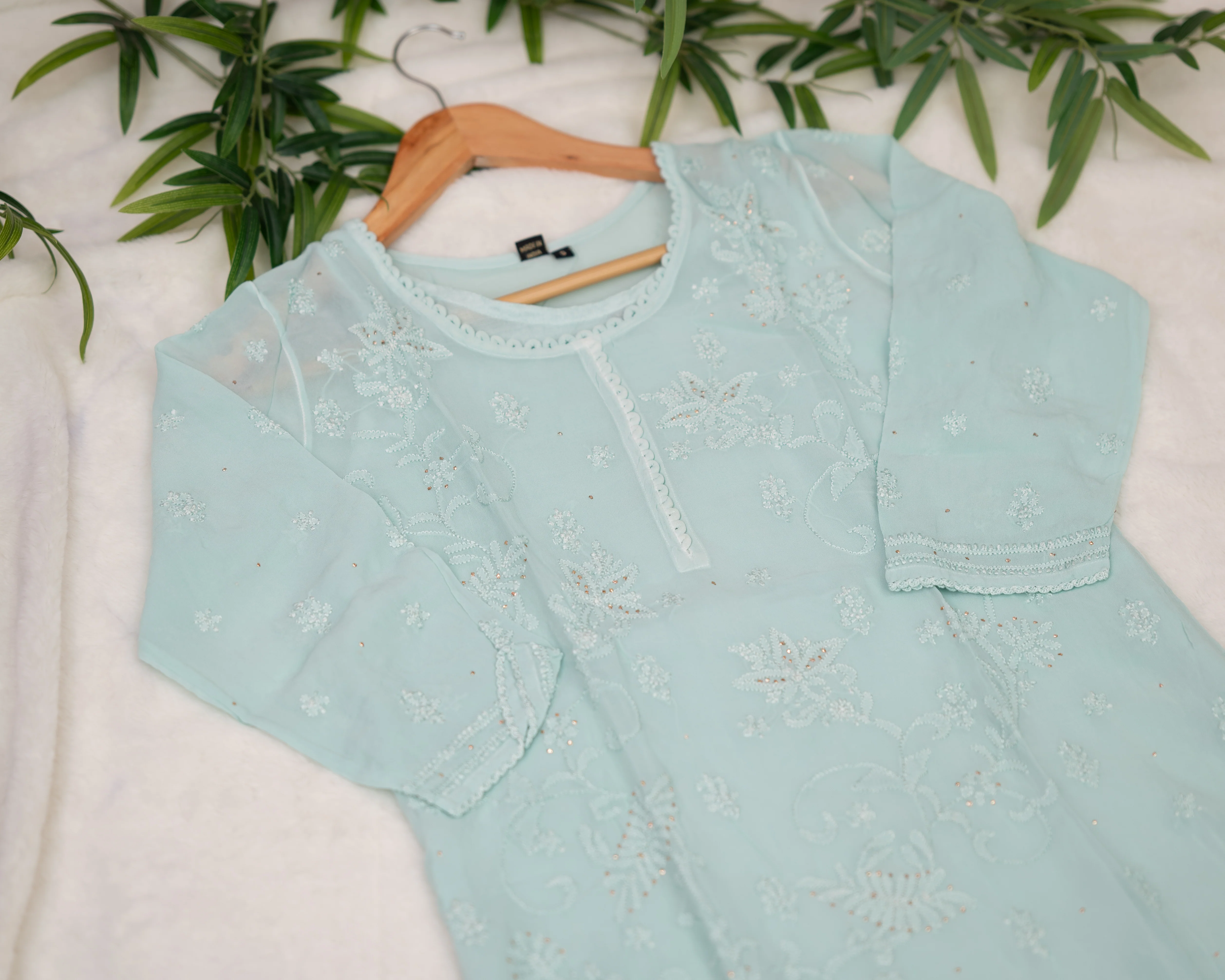 Premium Georgette Hand Embroidered Lucknowi Kurta - Image 5