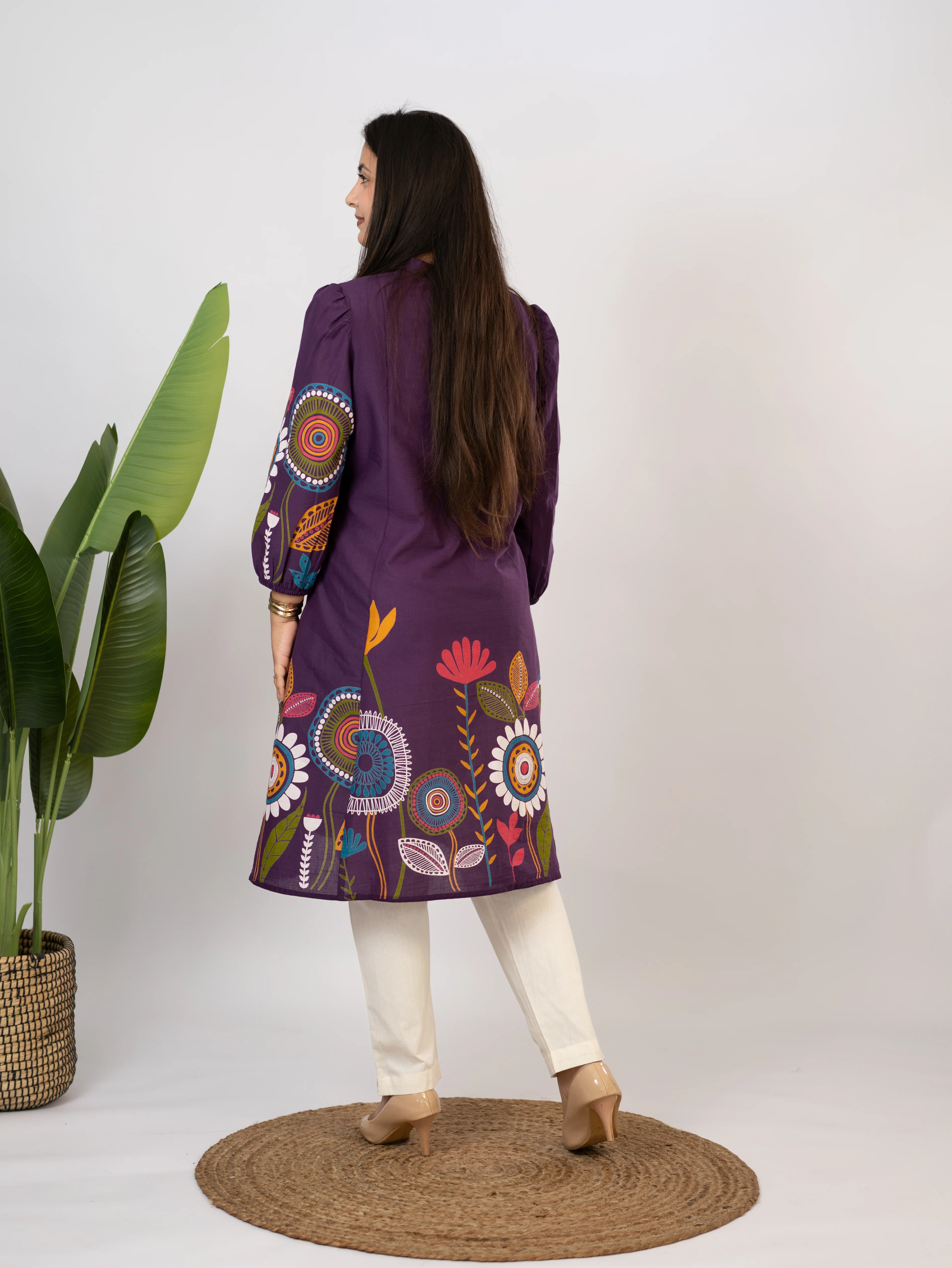 Reva Purple Cotton Floral A-line Kurta - Image 7