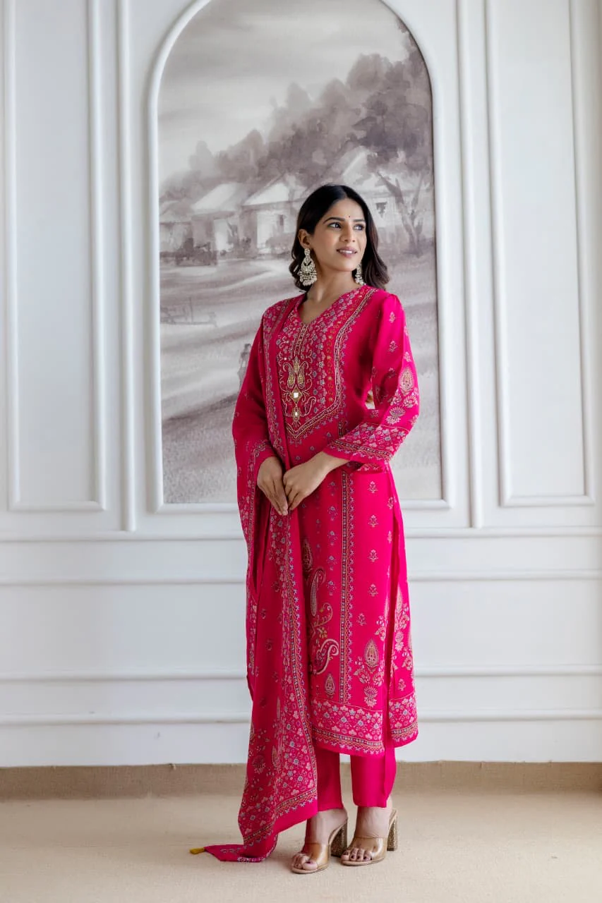 Rahma Crepe HandEmbroidered Straight Pant Set Pink - Image 3