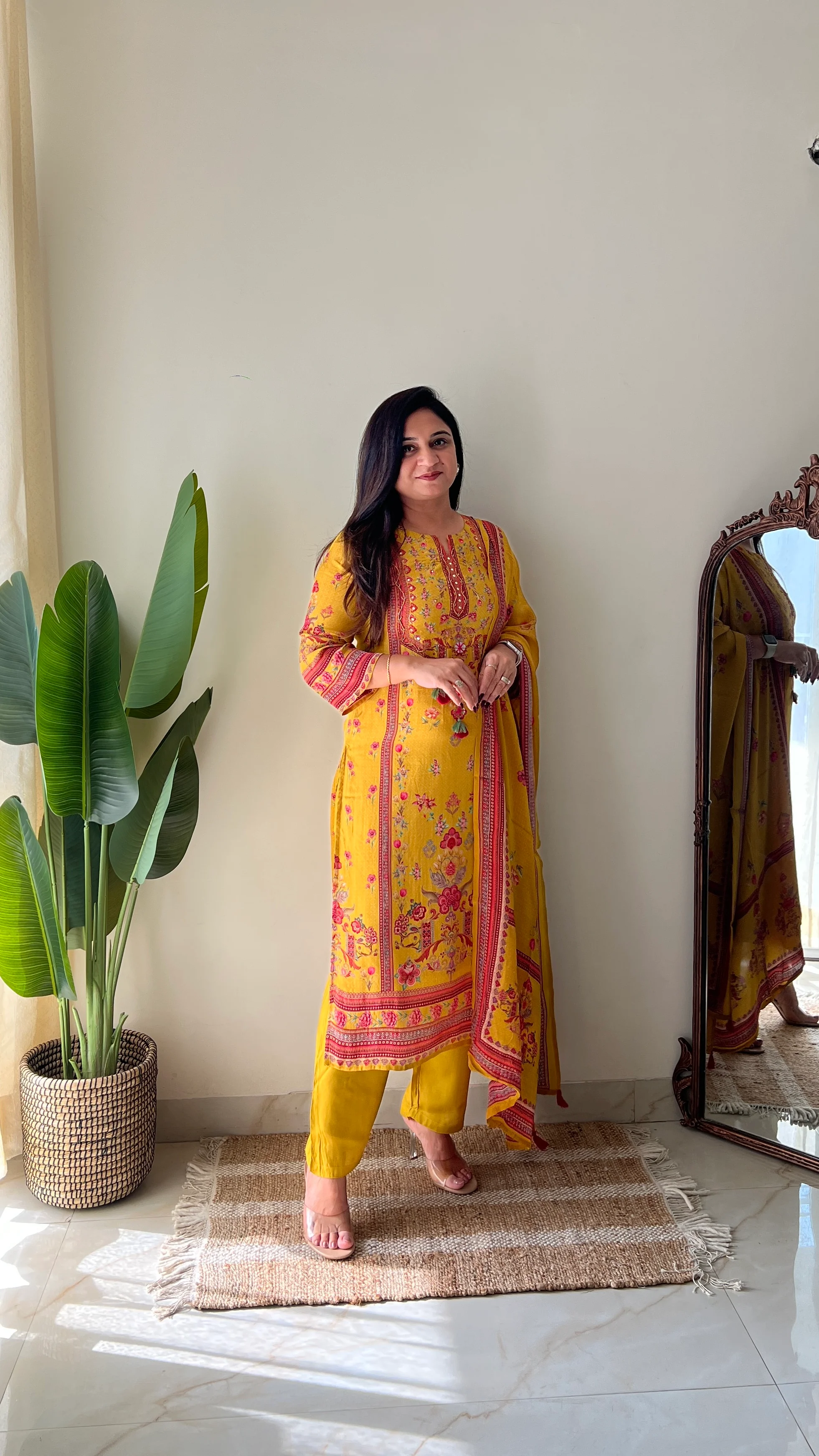 Rahma Crepe HandEmbroidered Straight Pant Set Yellow