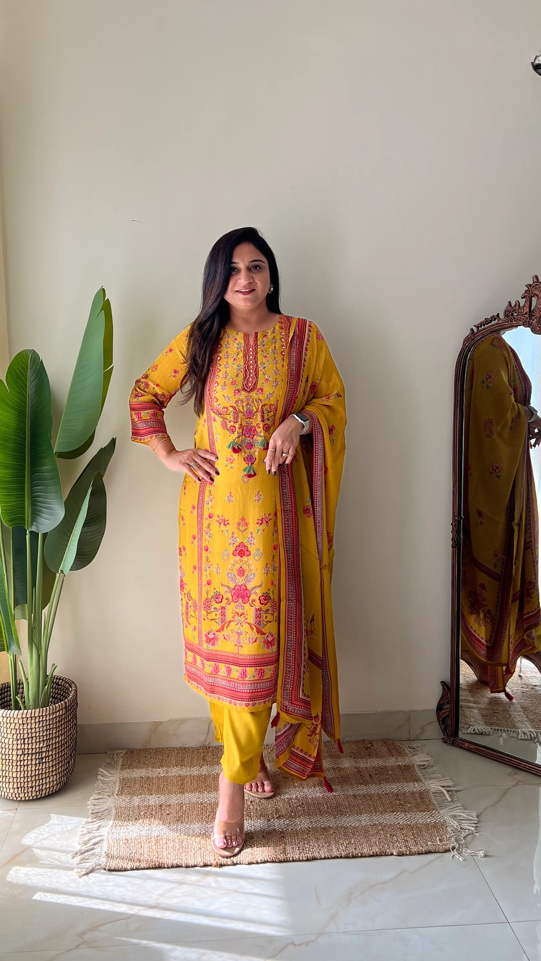 Rahma Crepe HandEmbroidered Straight Pant Set Yellow - Image 6