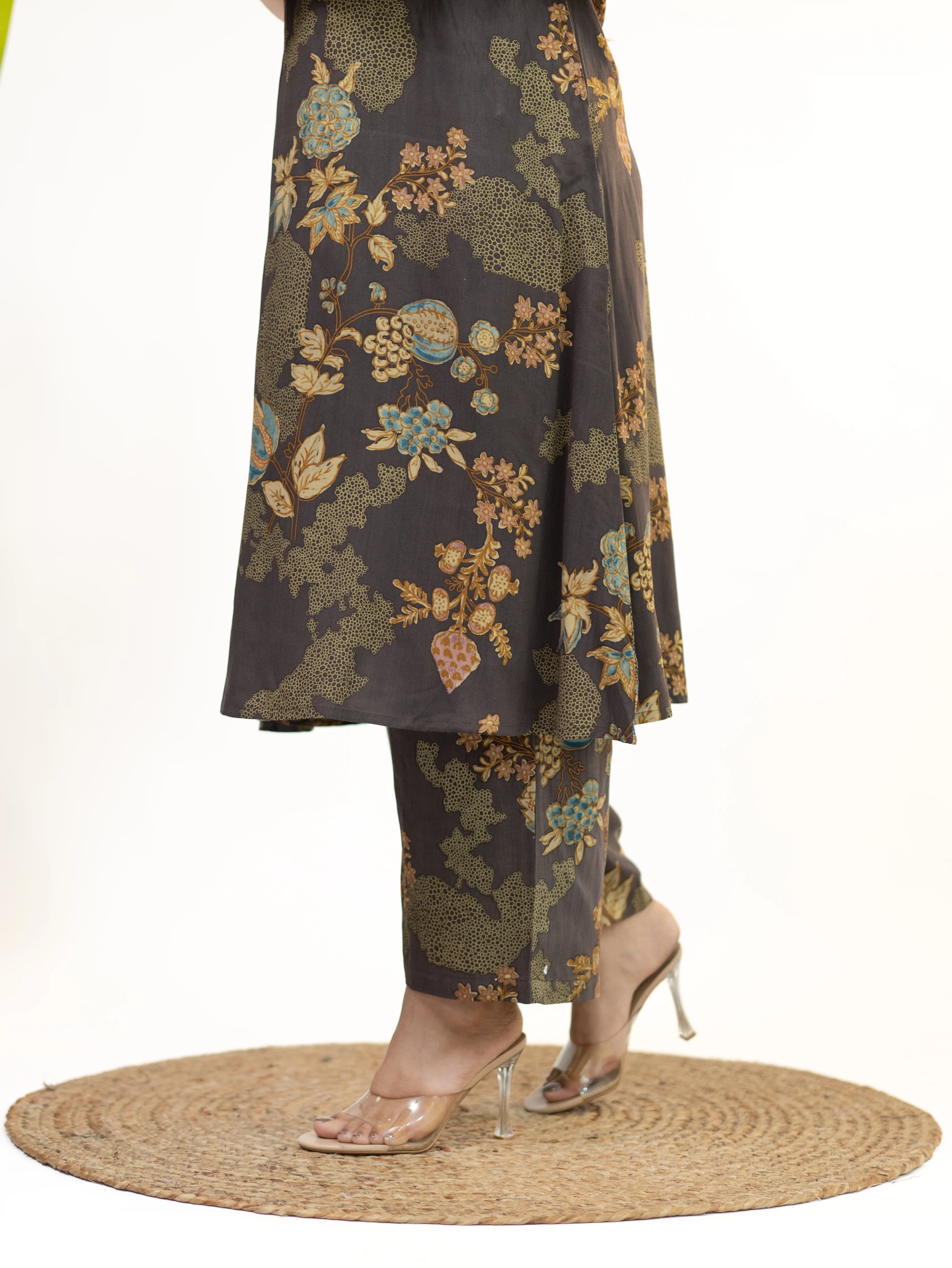 Raila Brown Floral Rayon A-line Coord Set - Image 10
