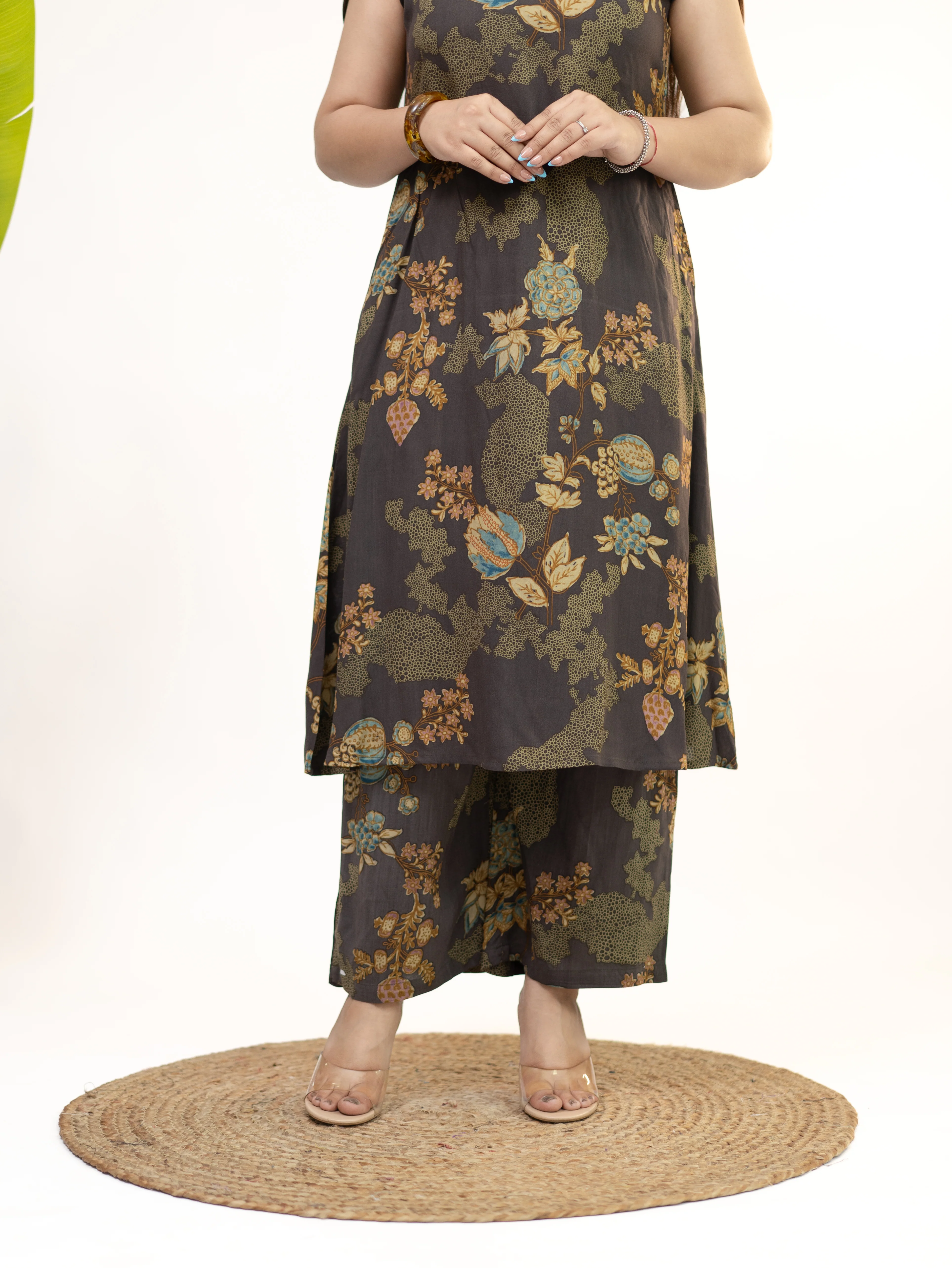 Raila Brown Floral Rayon A-line Coord Set - Image 11