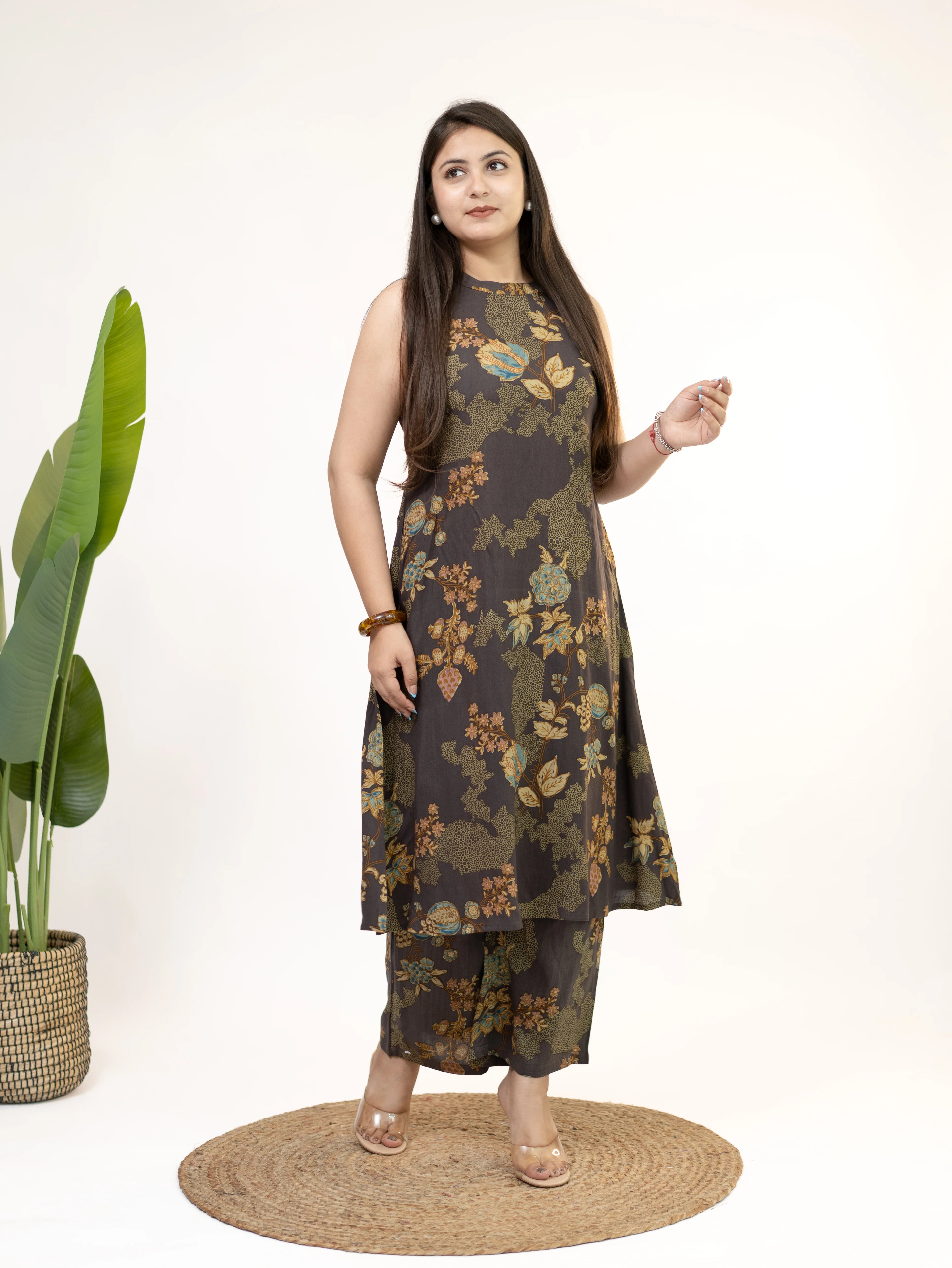 Raila Brown Floral Rayon A-line Coord Set - Image 3
