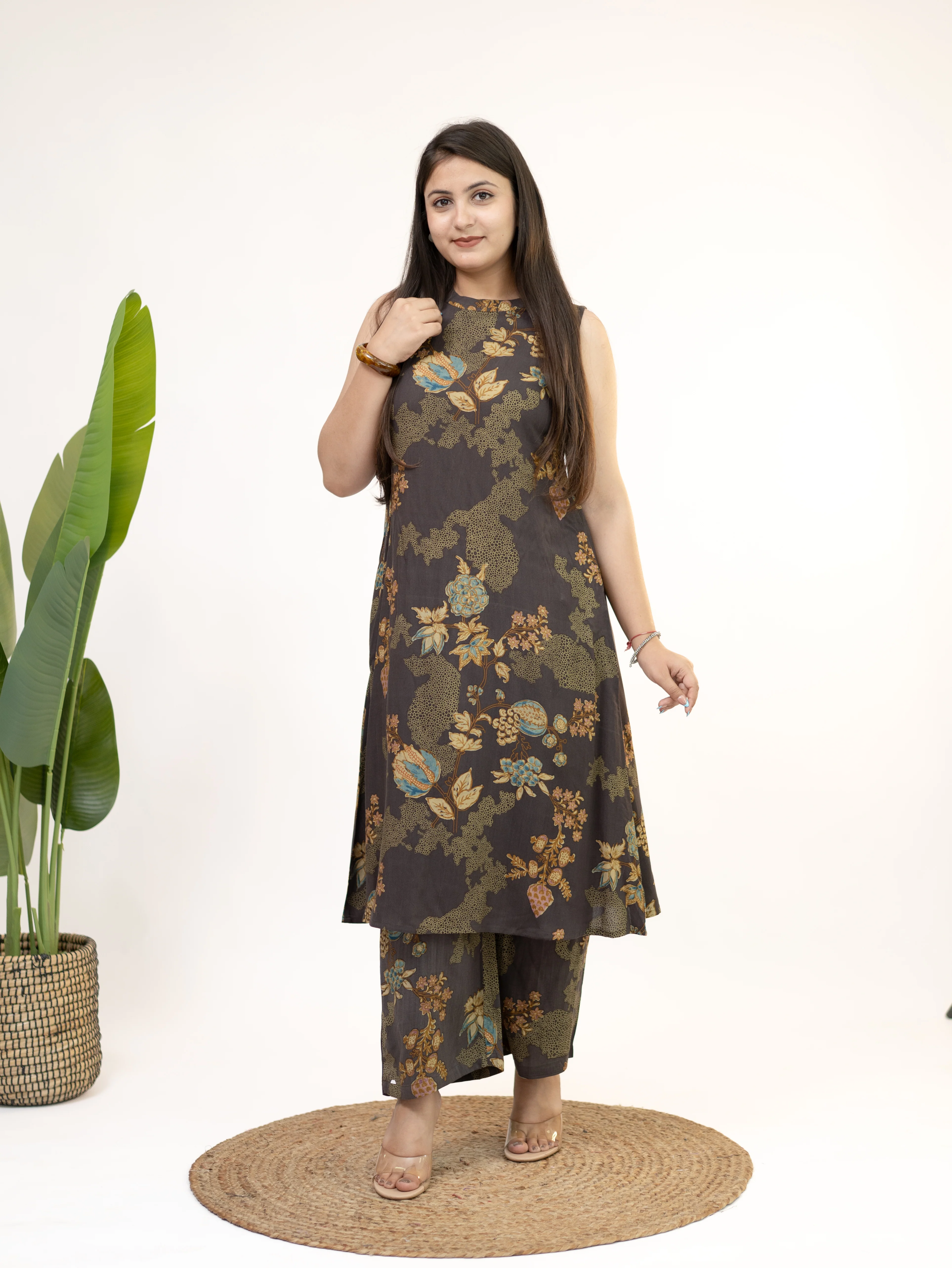 Raila Brown Floral Rayon A-line Coord Set - Image 4