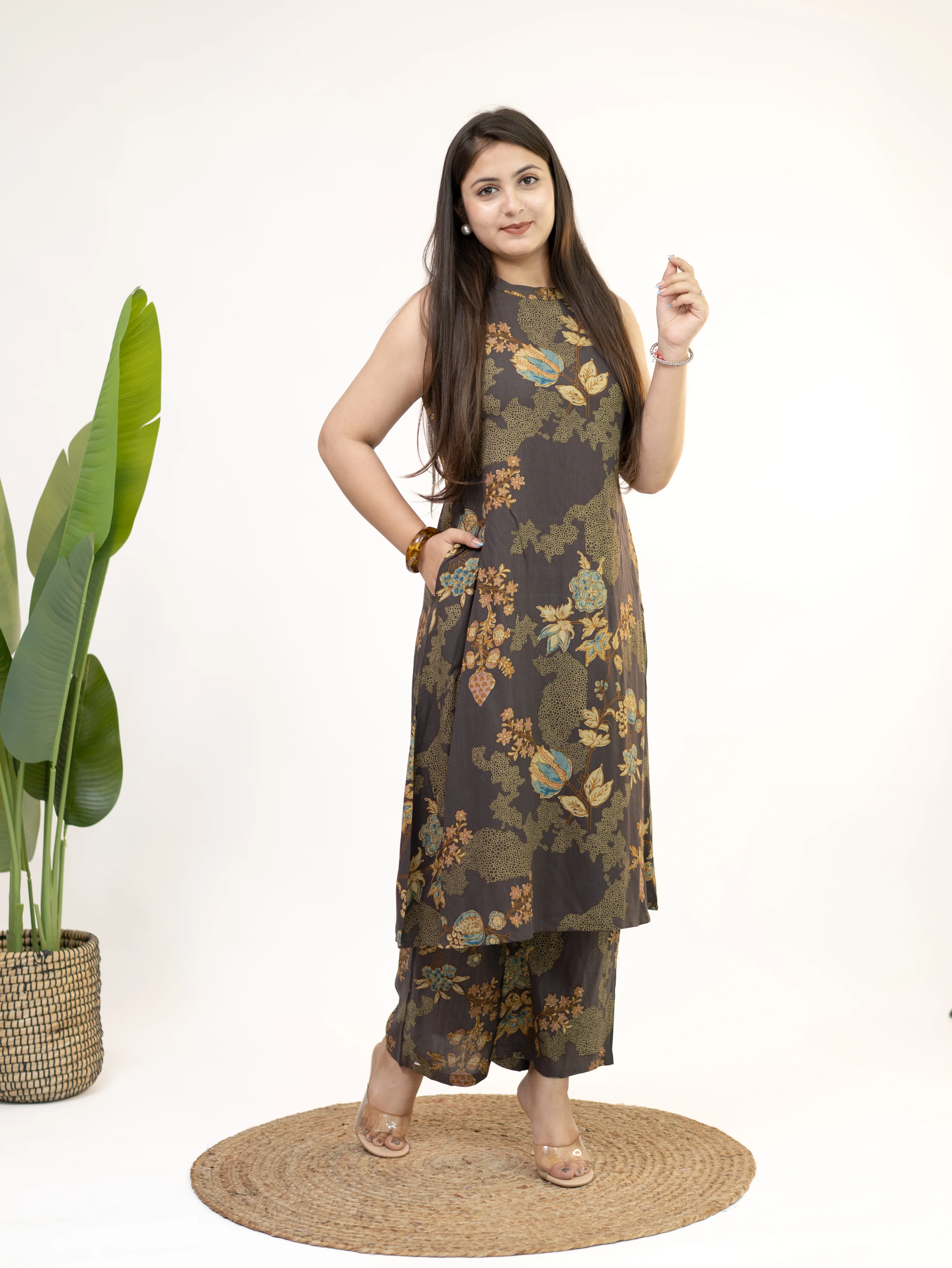 Raila Brown Floral Rayon A-line Coord Set - Image 5
