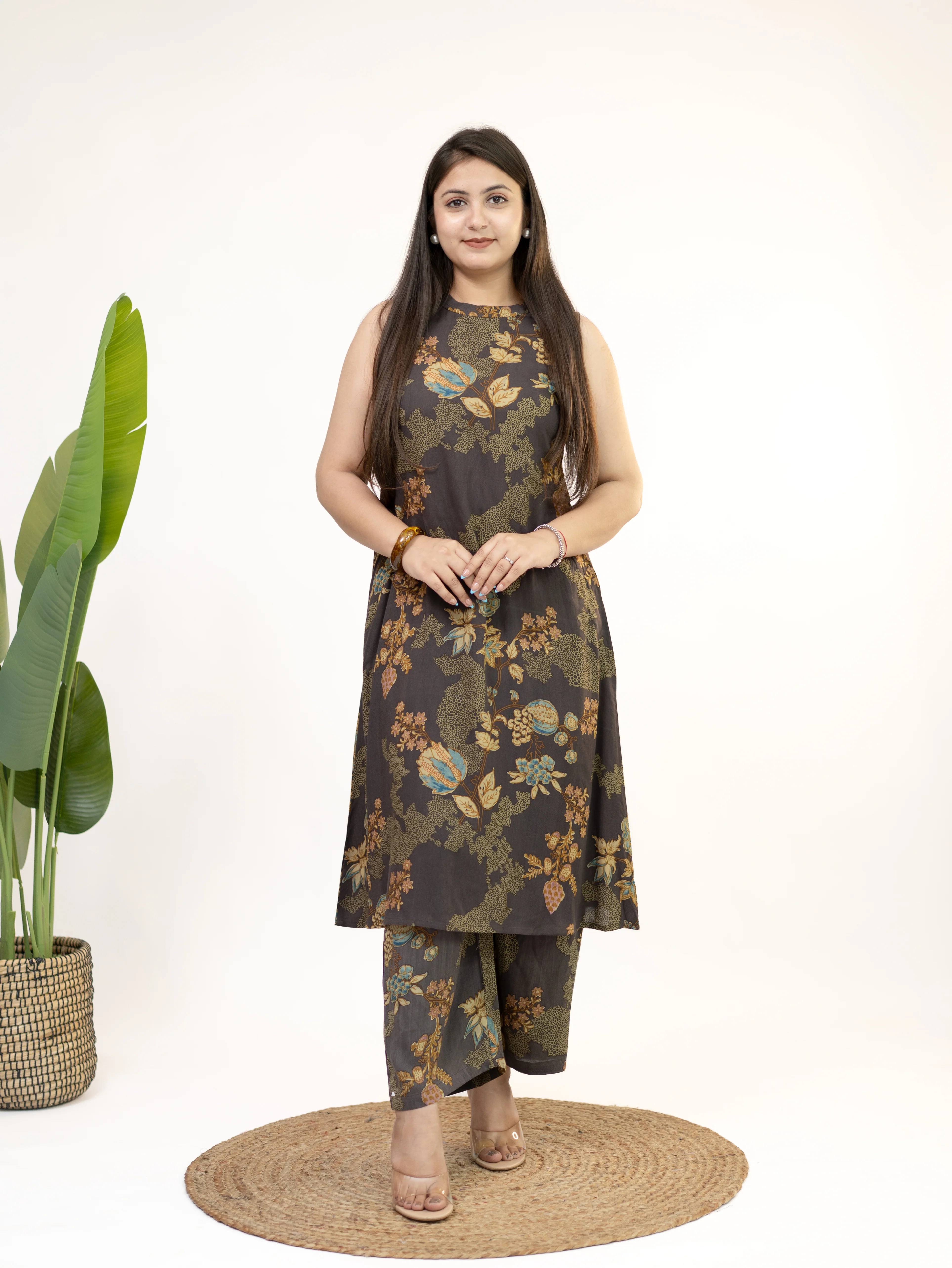 Raila Brown Floral Rayon A-line Coord Set - Image 6
