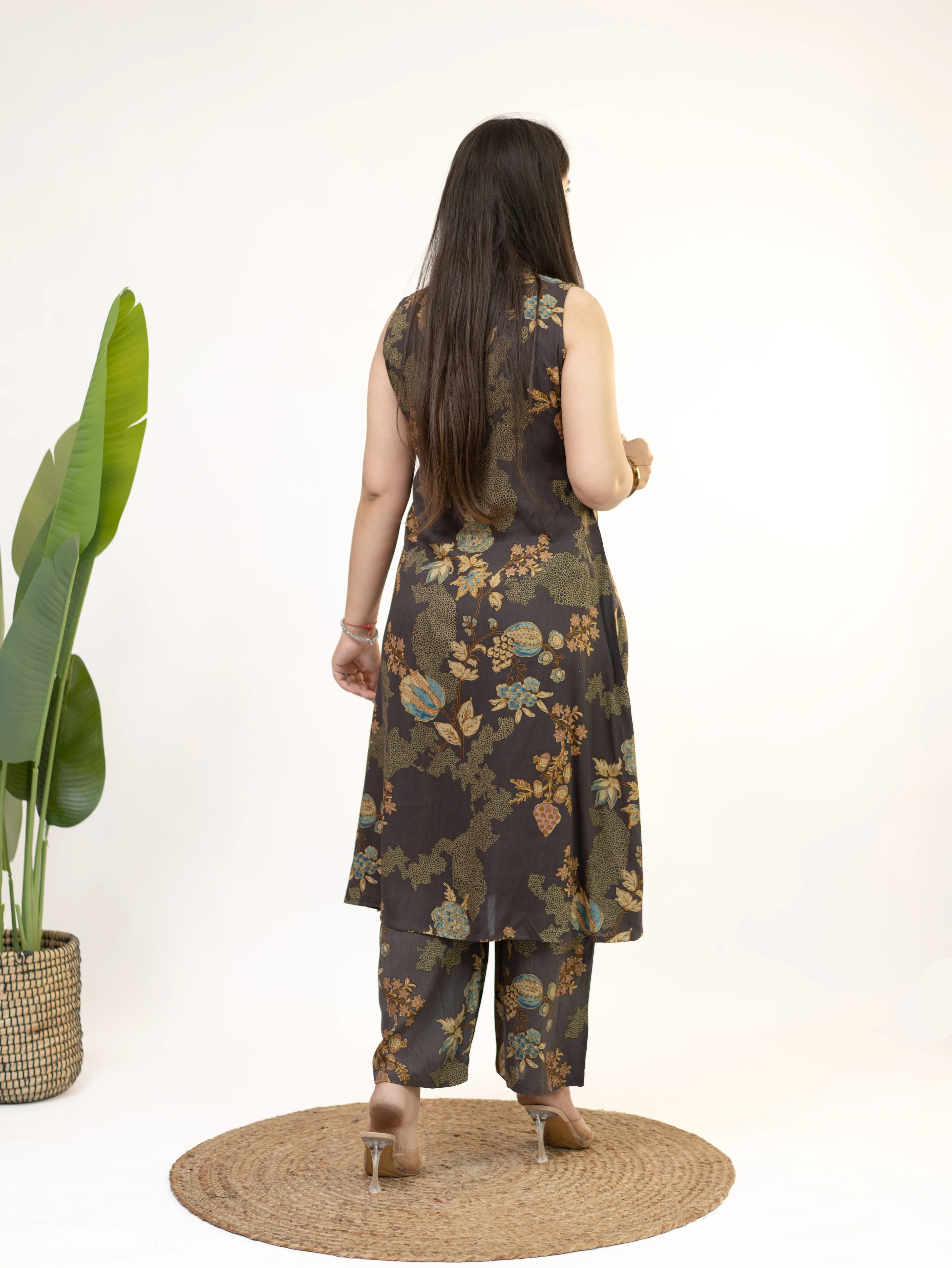 Raila Brown Floral Rayon A-line Coord Set - Image 7