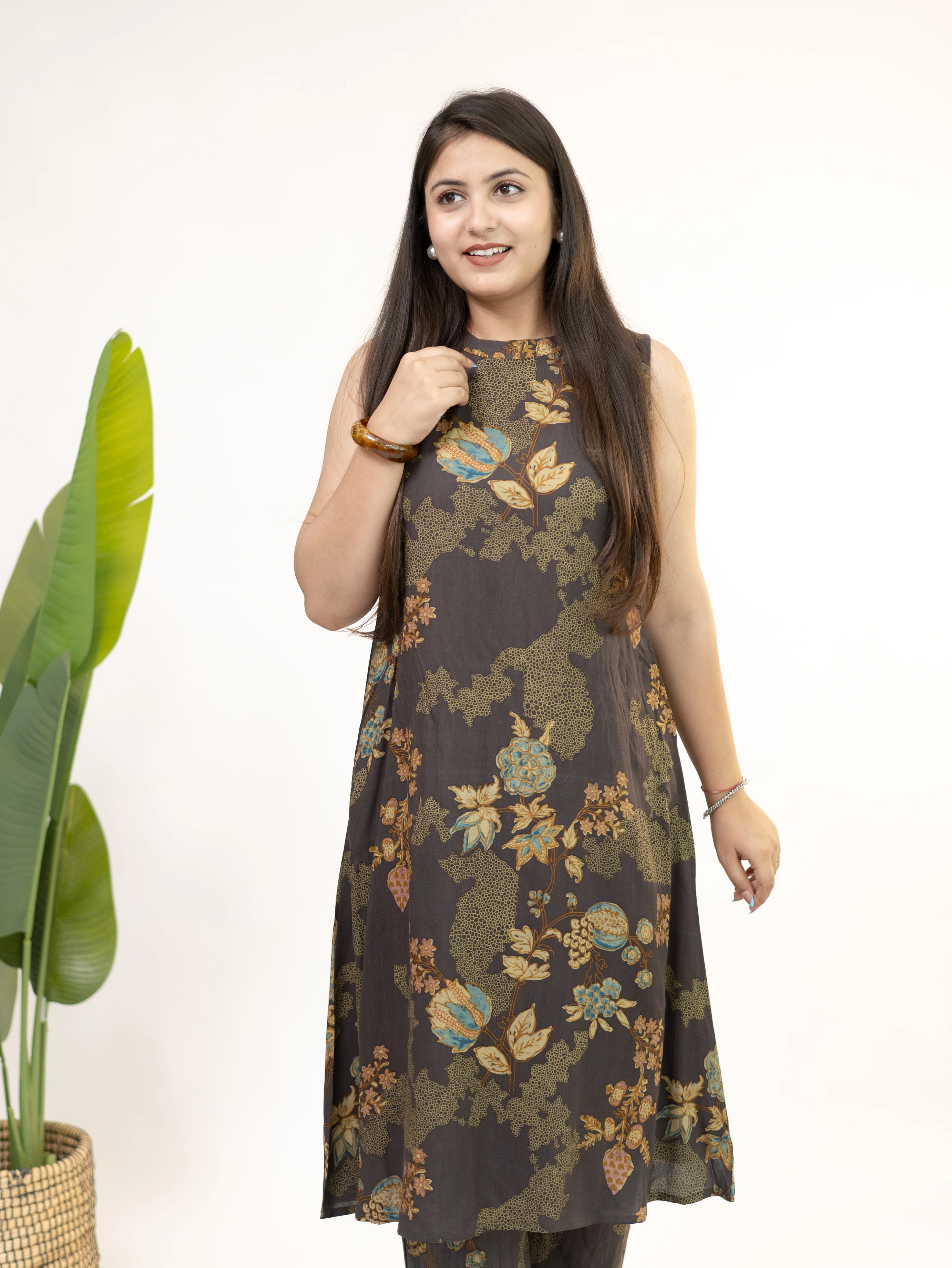 Raila Brown Floral Rayon A-line Coord Set - Image 8