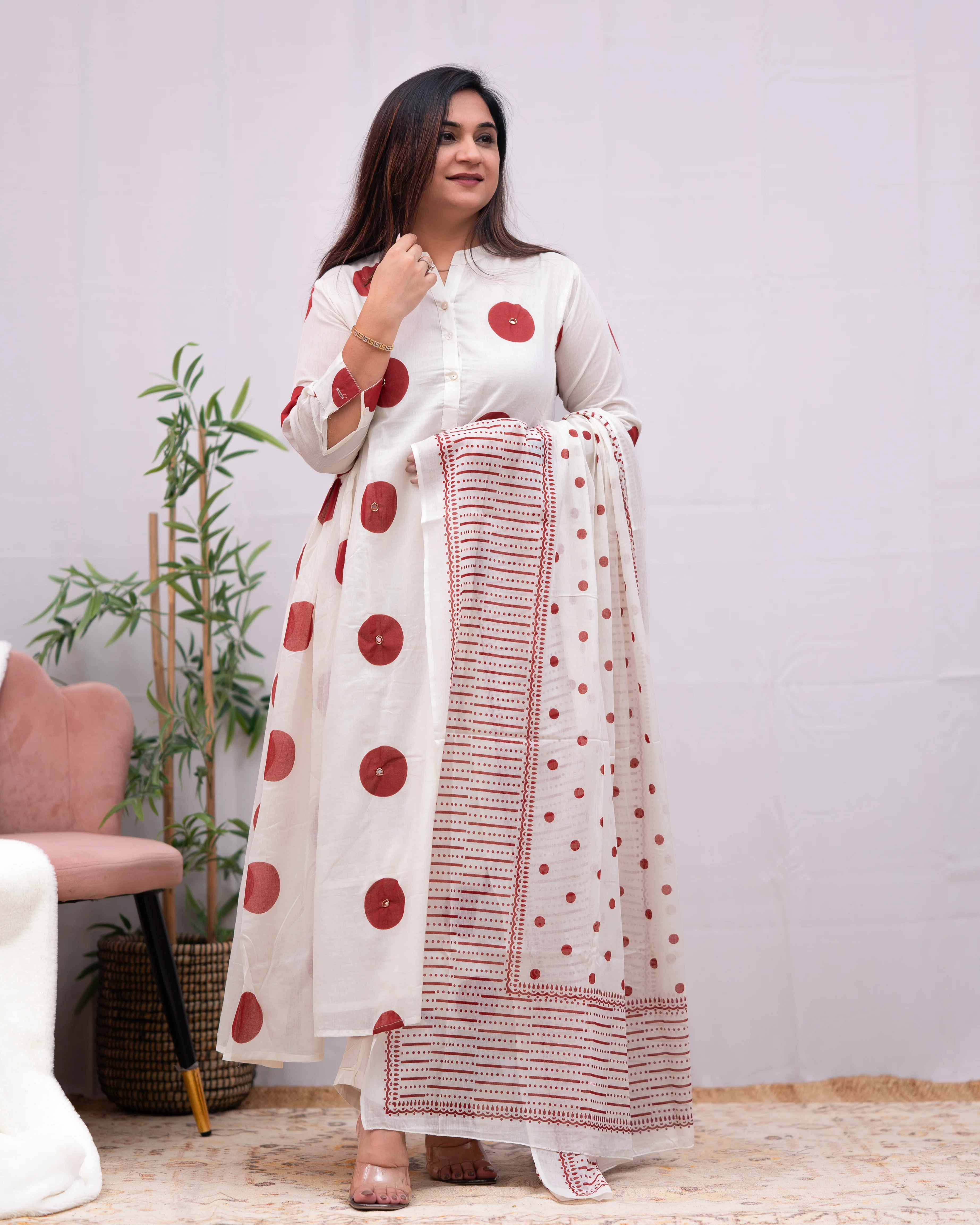 Razia Mul Cotton Polka Print Handwork Anarkali Pant Set - Image 2