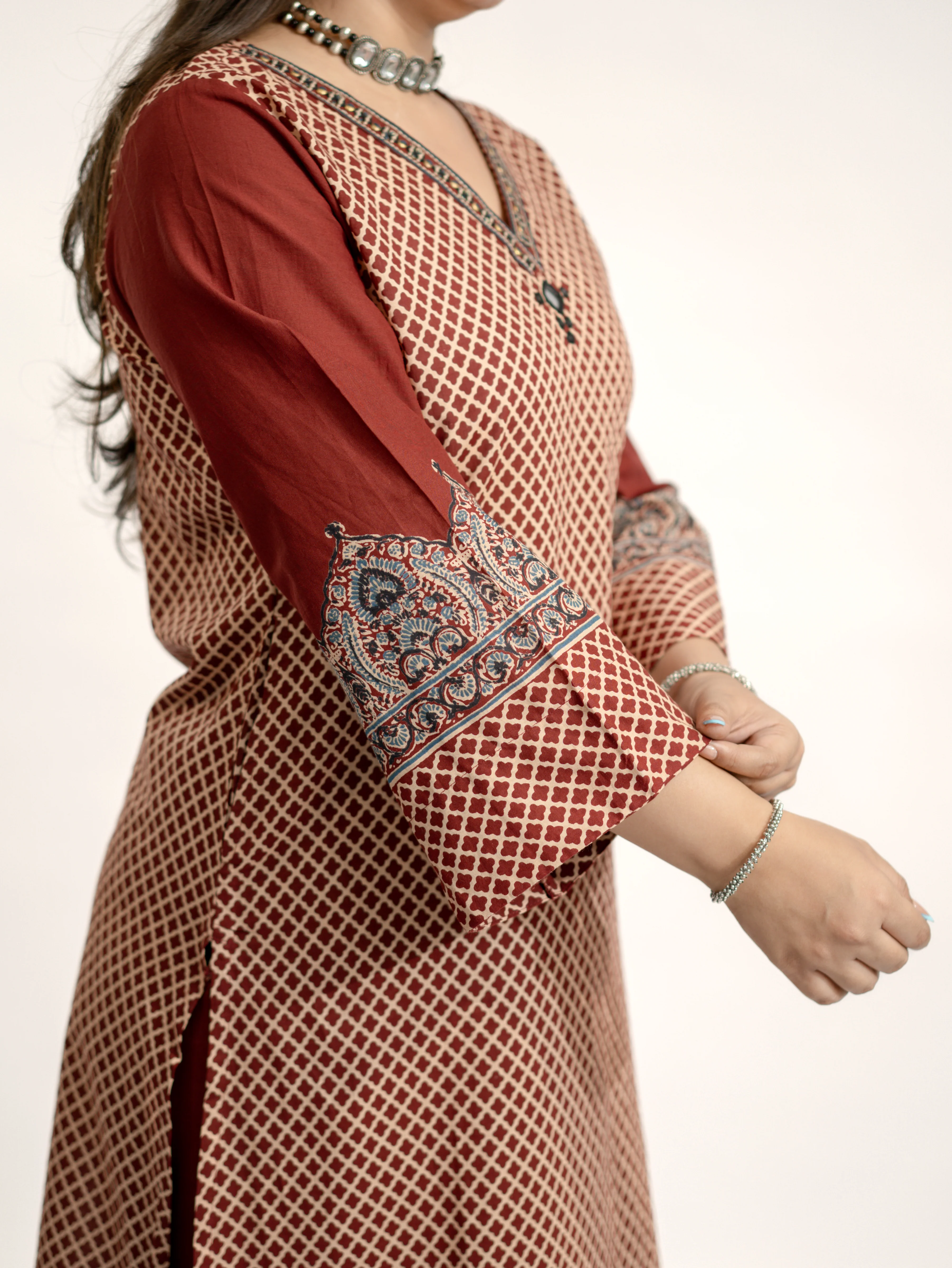 Safa Red Ajrakh Cotton HandEmbroidered Dupatta Set - Image 13