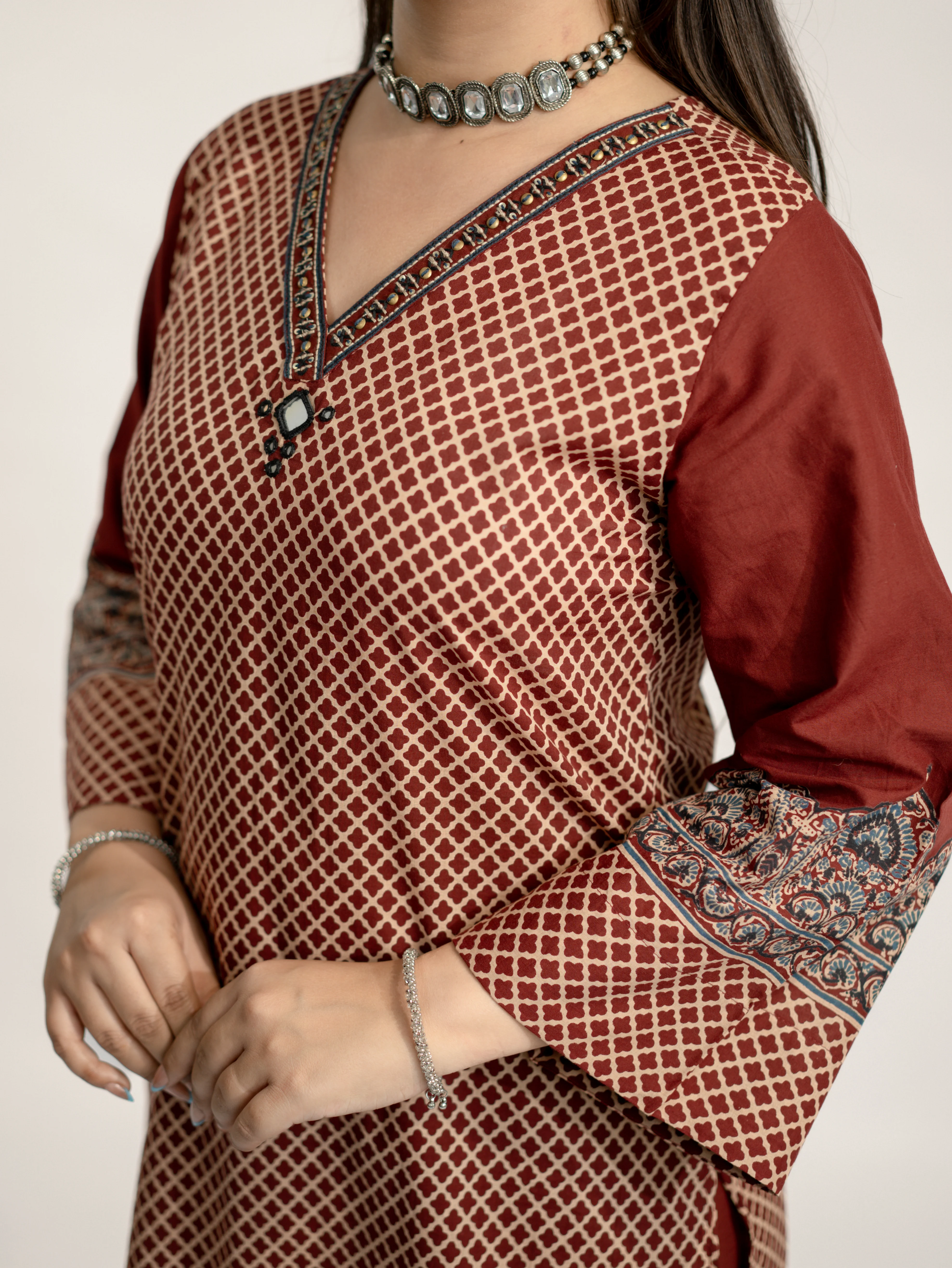 Safa Red Ajrakh Cotton HandEmbroidered Dupatta Set - Image 14