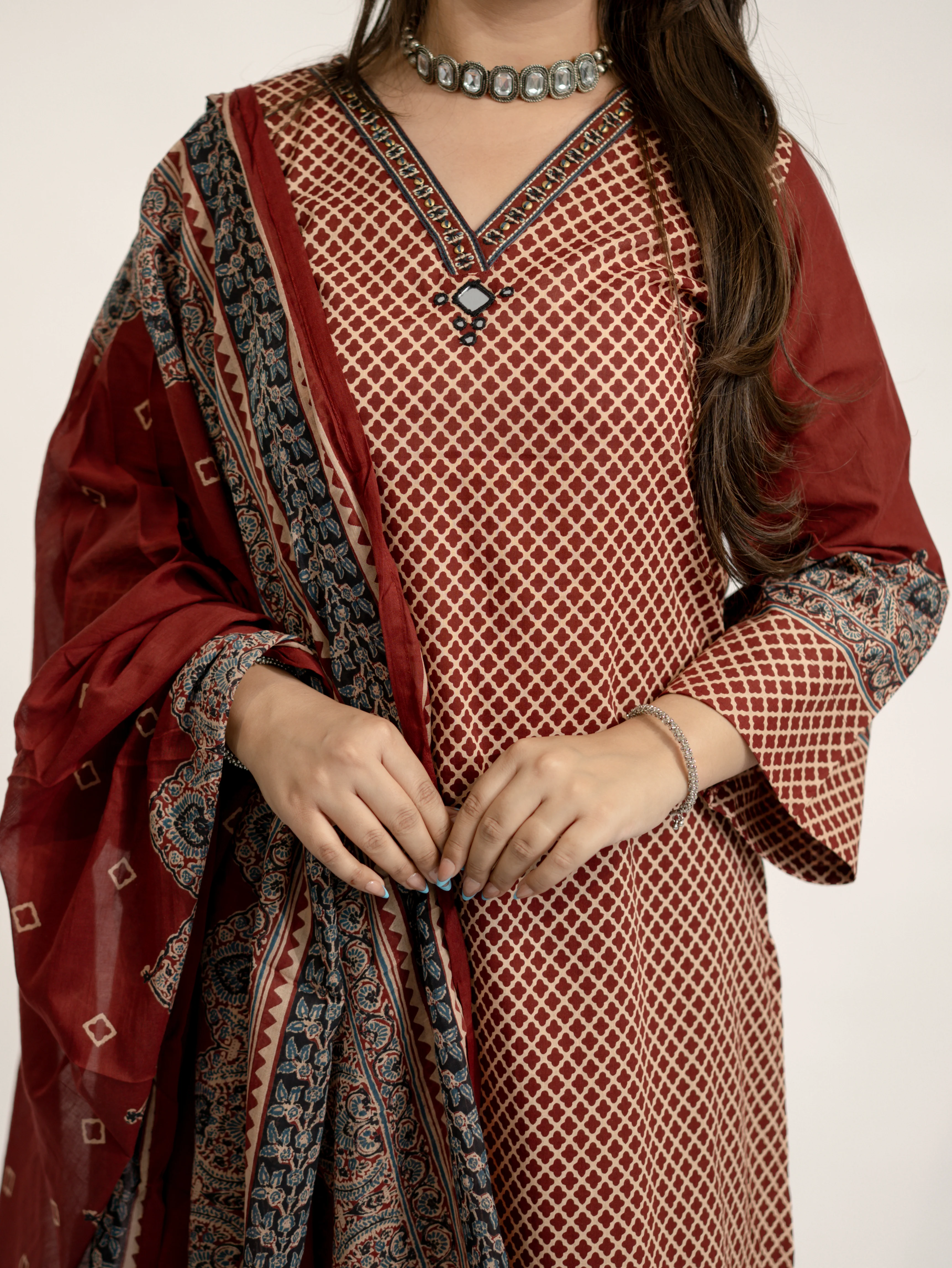 Safa Red Ajrakh Cotton HandEmbroidered Dupatta Set - Image 15