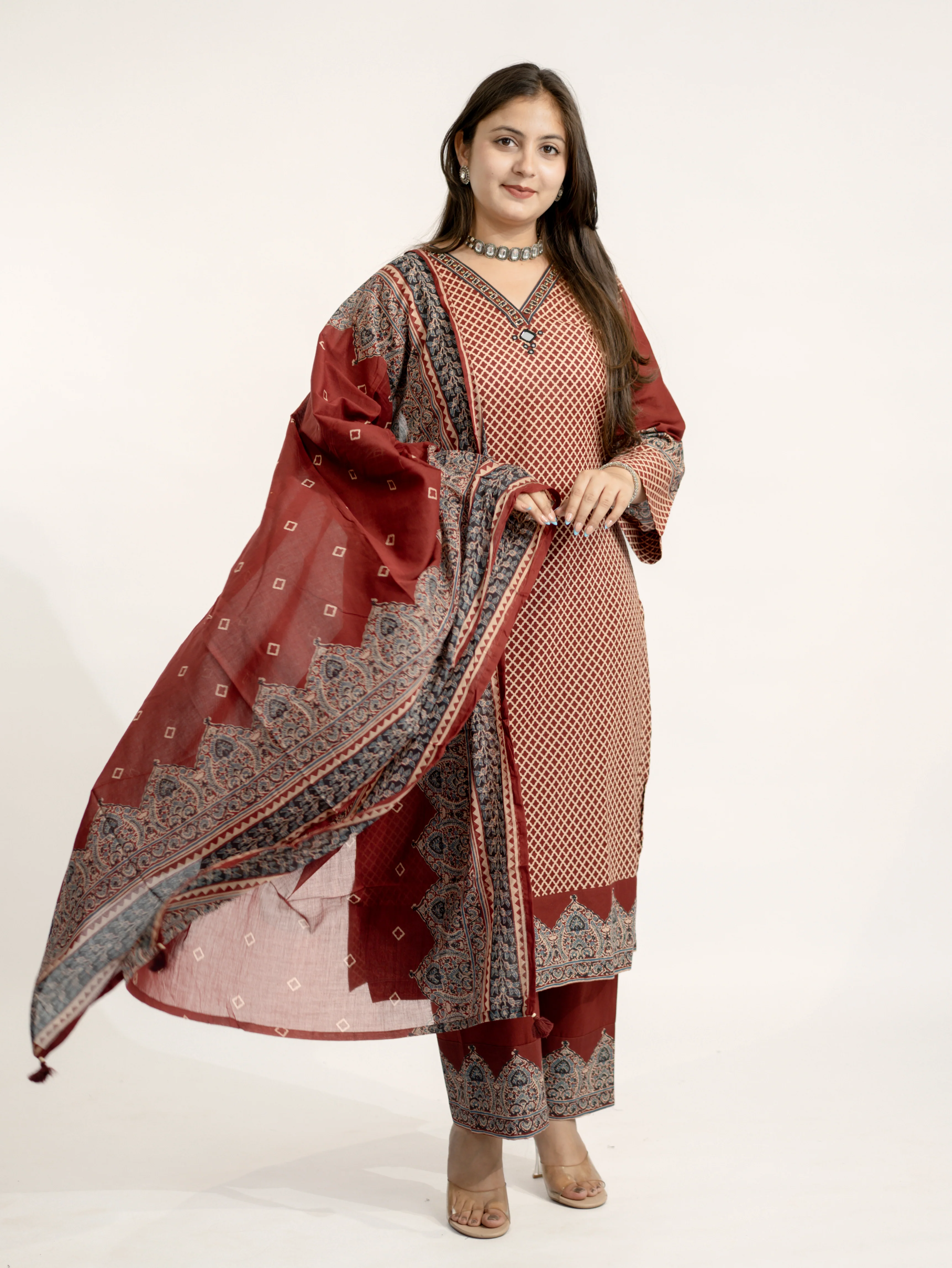 Safa Red Ajrakh Cotton HandEmbroidered Dupatta Set - Image 17