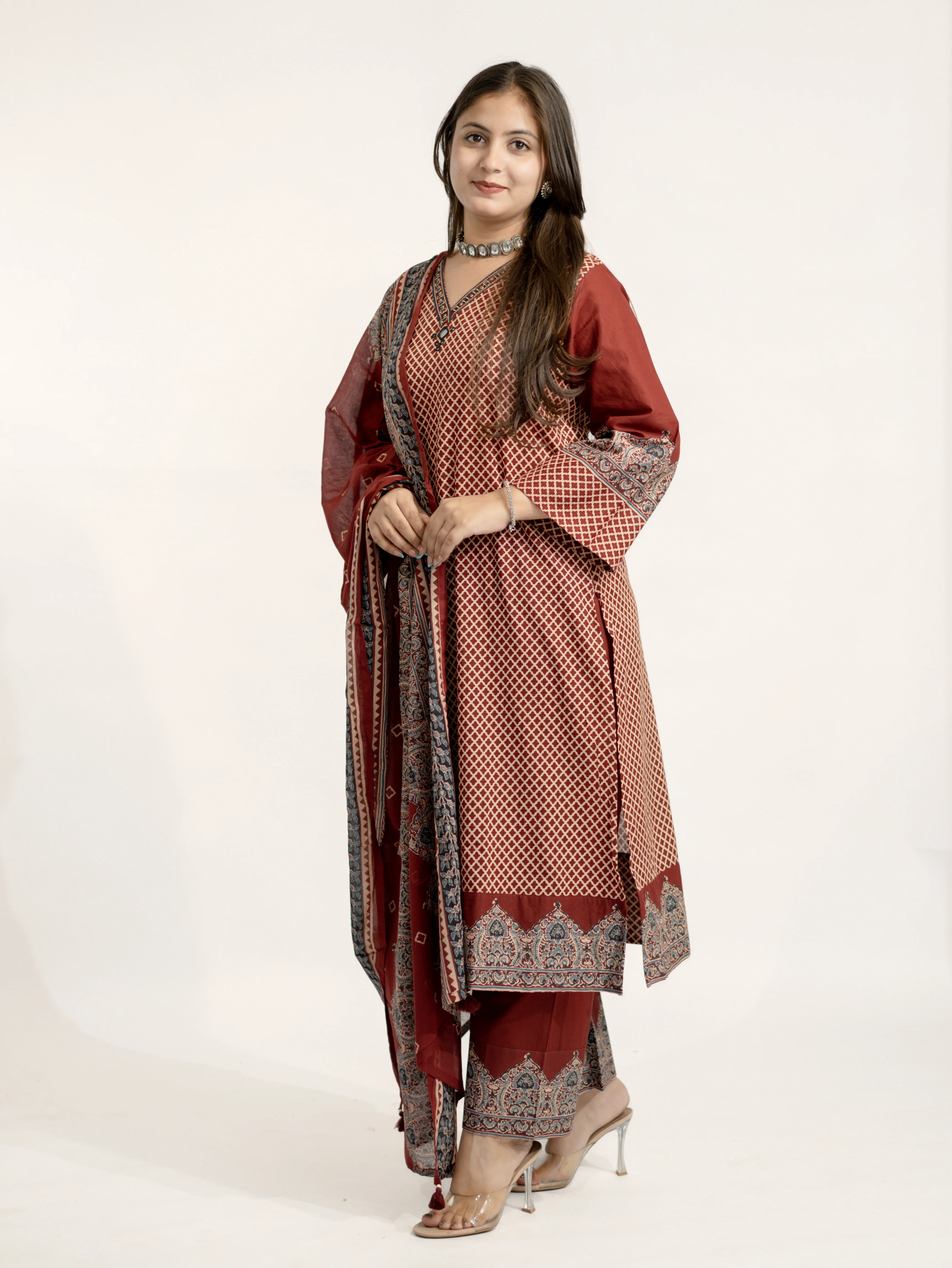 Safa Red Ajrakh Cotton HandEmbroidered Dupatta Set - Image 3