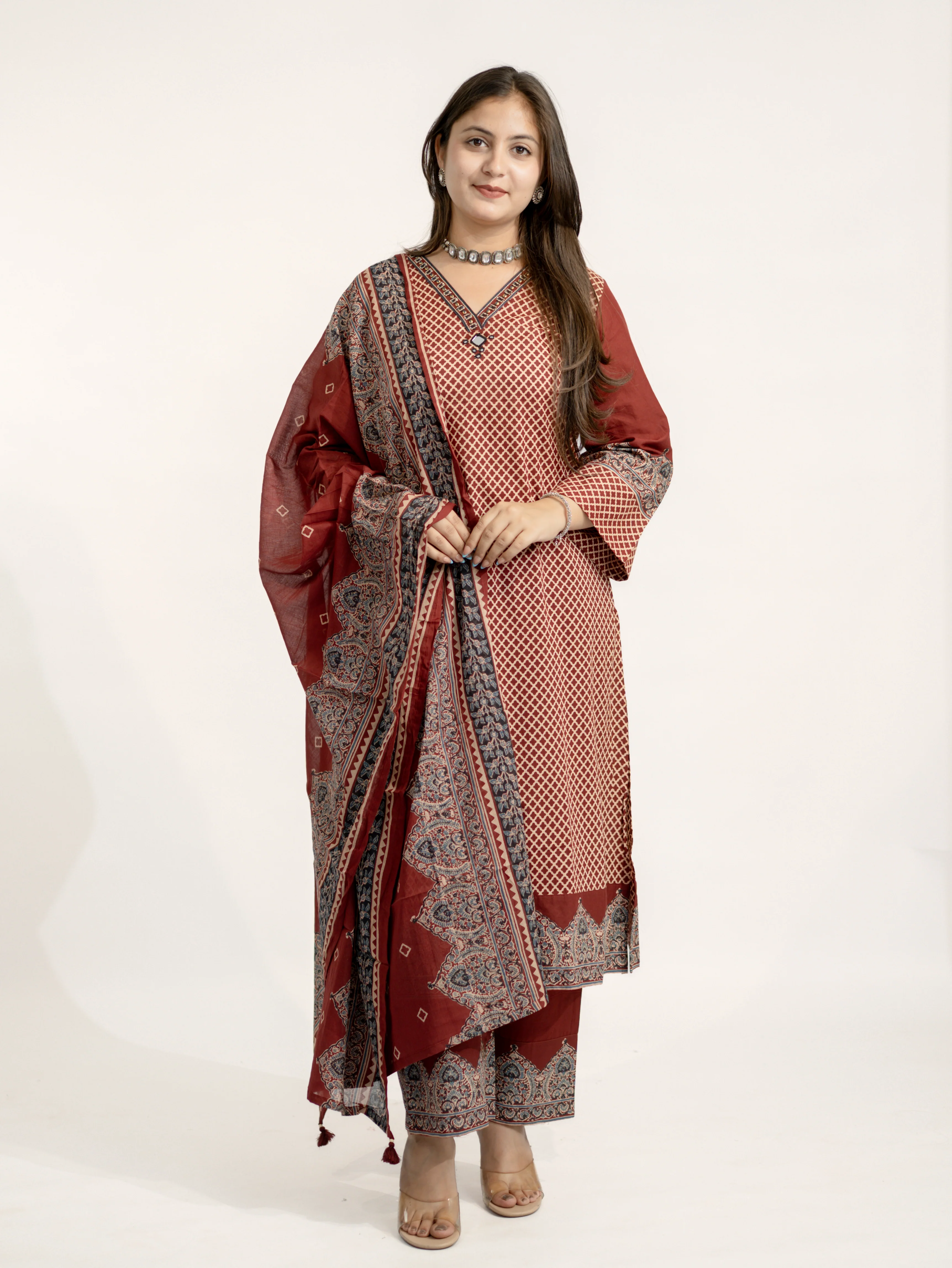 Safa Red Ajrakh Cotton HandEmbroidered Dupatta Set - Image 4