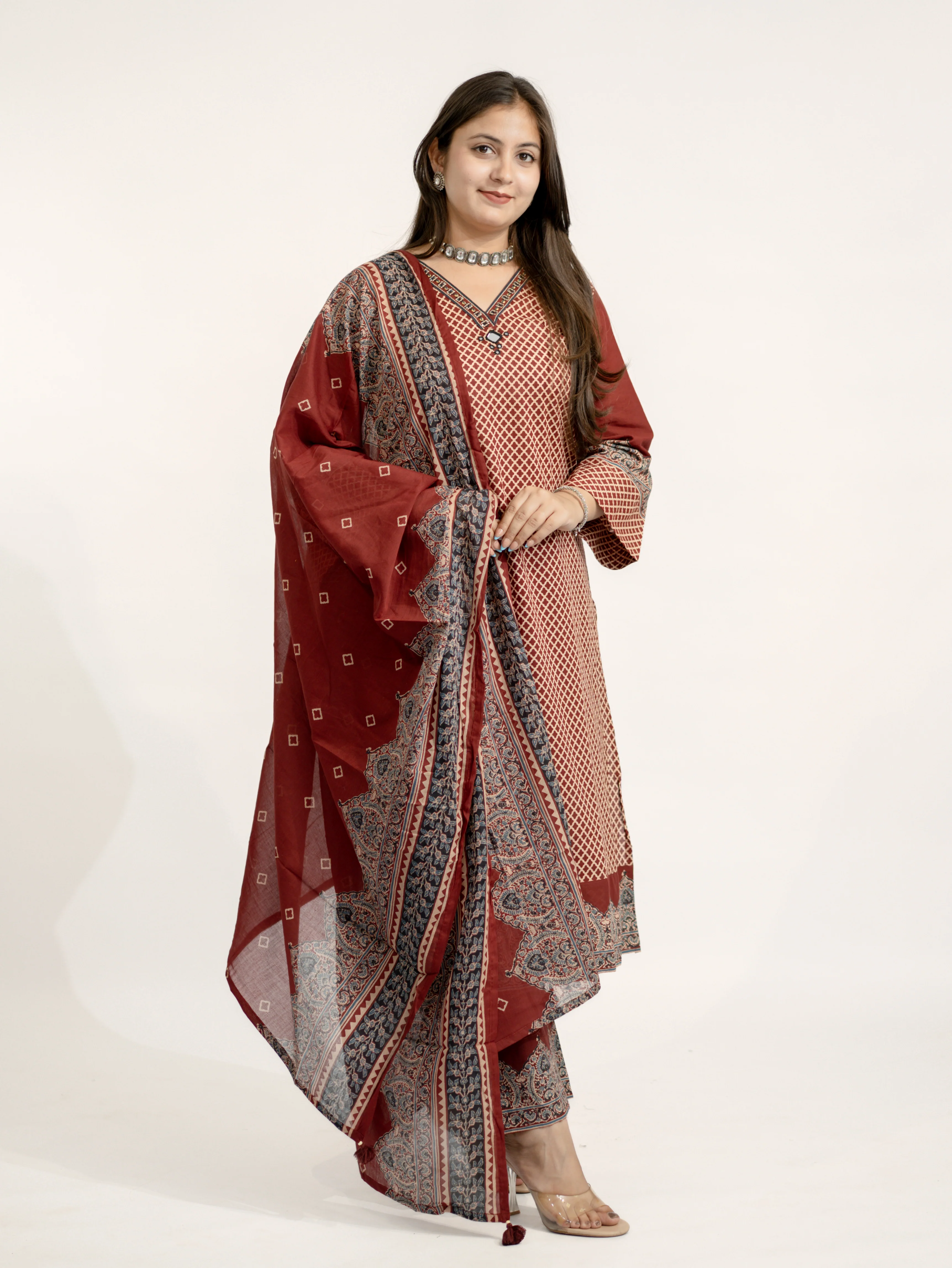 Safa Red Ajrakh Cotton HandEmbroidered Dupatta Set - Image 7