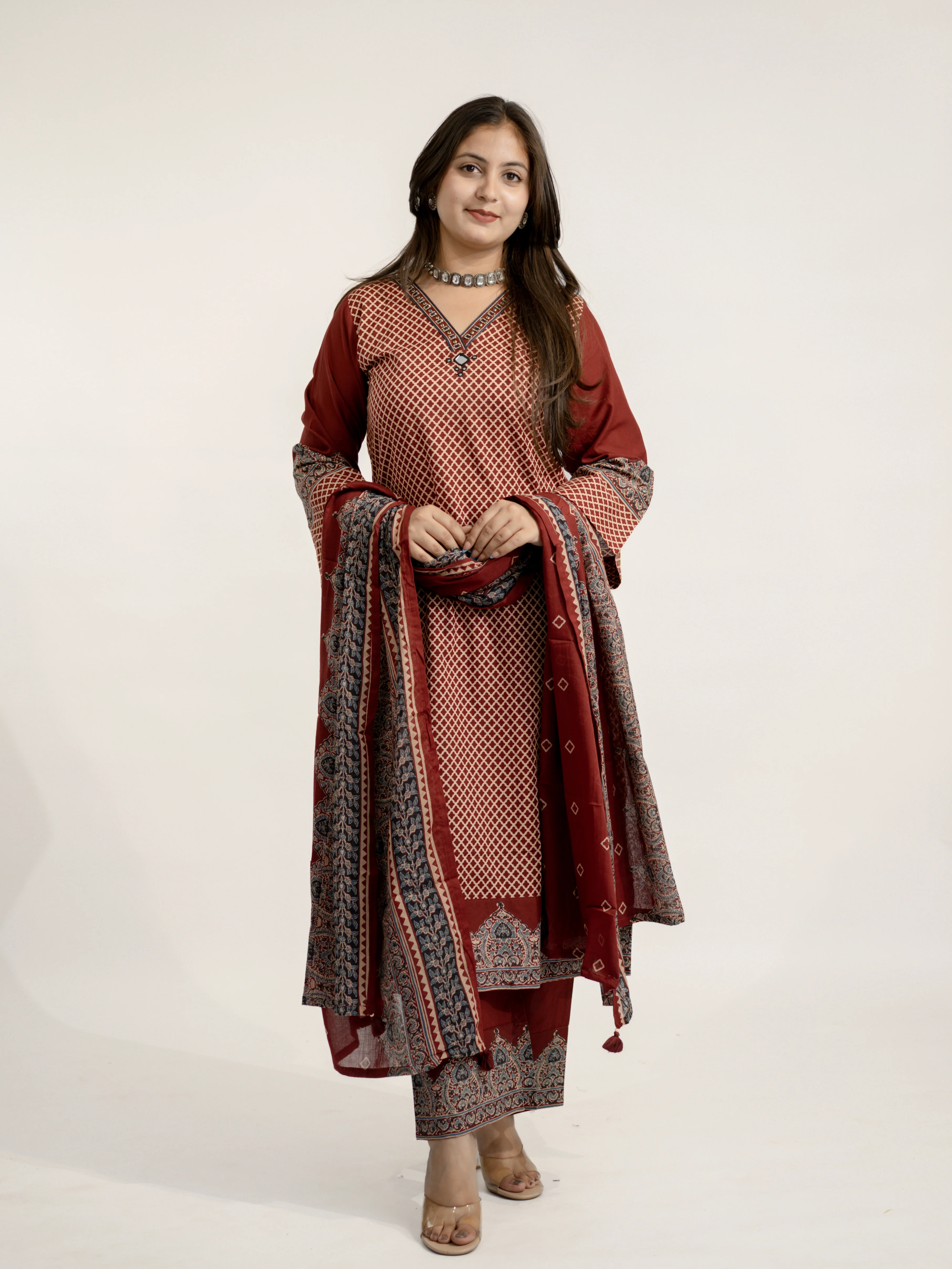 Safa Red Ajrakh Cotton HandEmbroidered Dupatta Set - Image 9