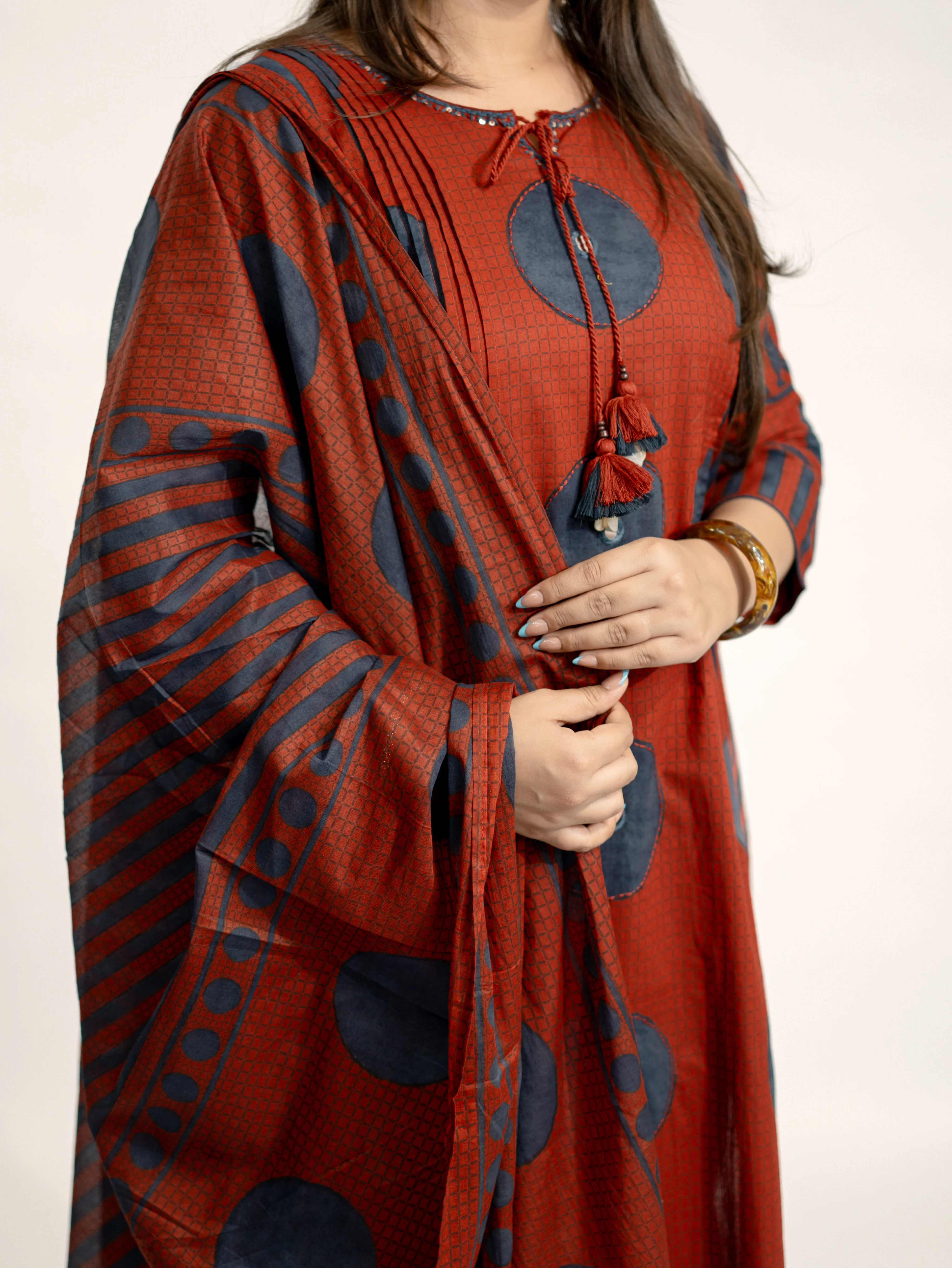 Jiya Red Cotton Ajrakh Straight Embroidered Dupatta Set - Image 10