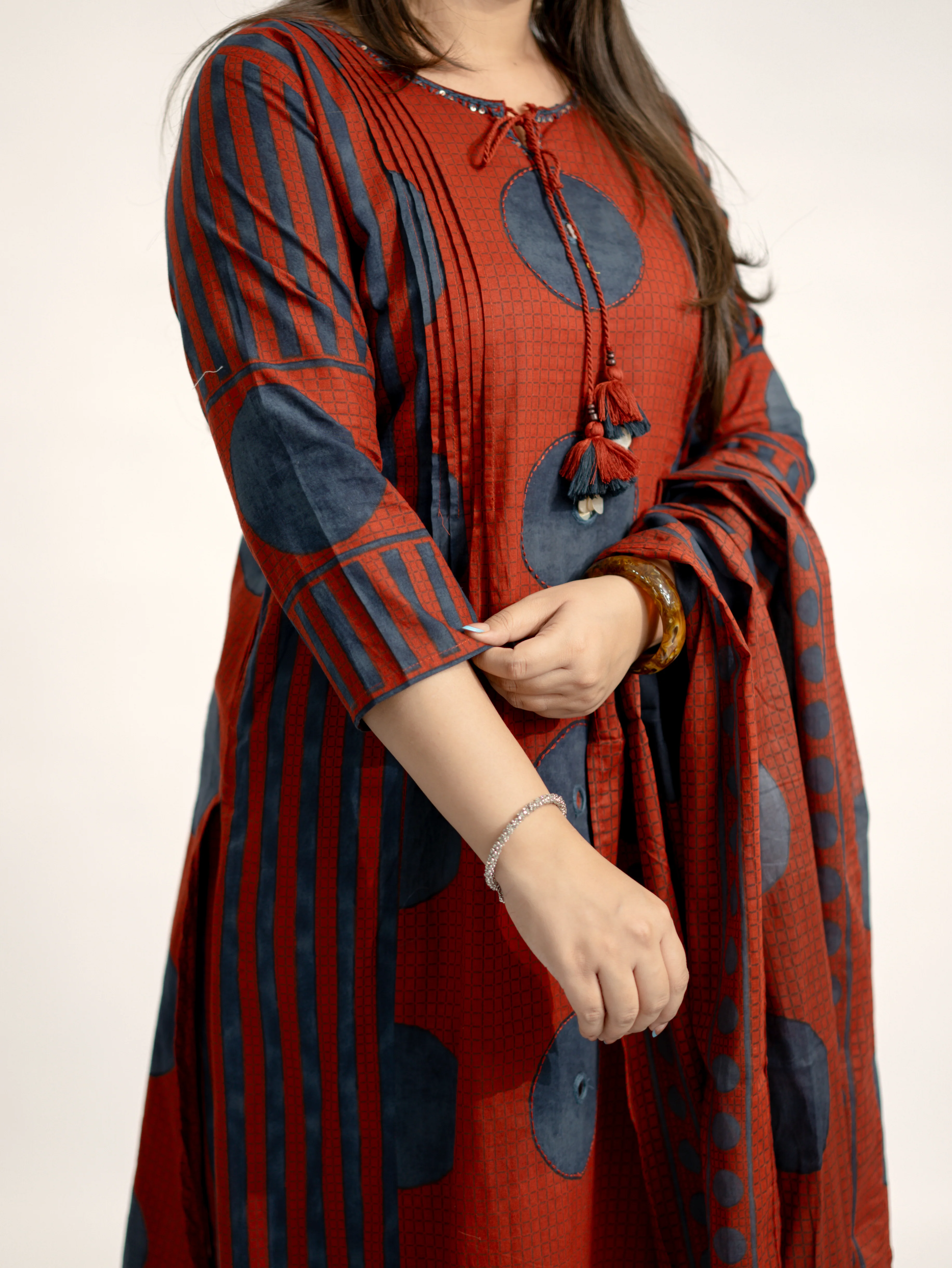 Jiya Red Cotton Ajrakh Straight Embroidered Dupatta Set - Image 13