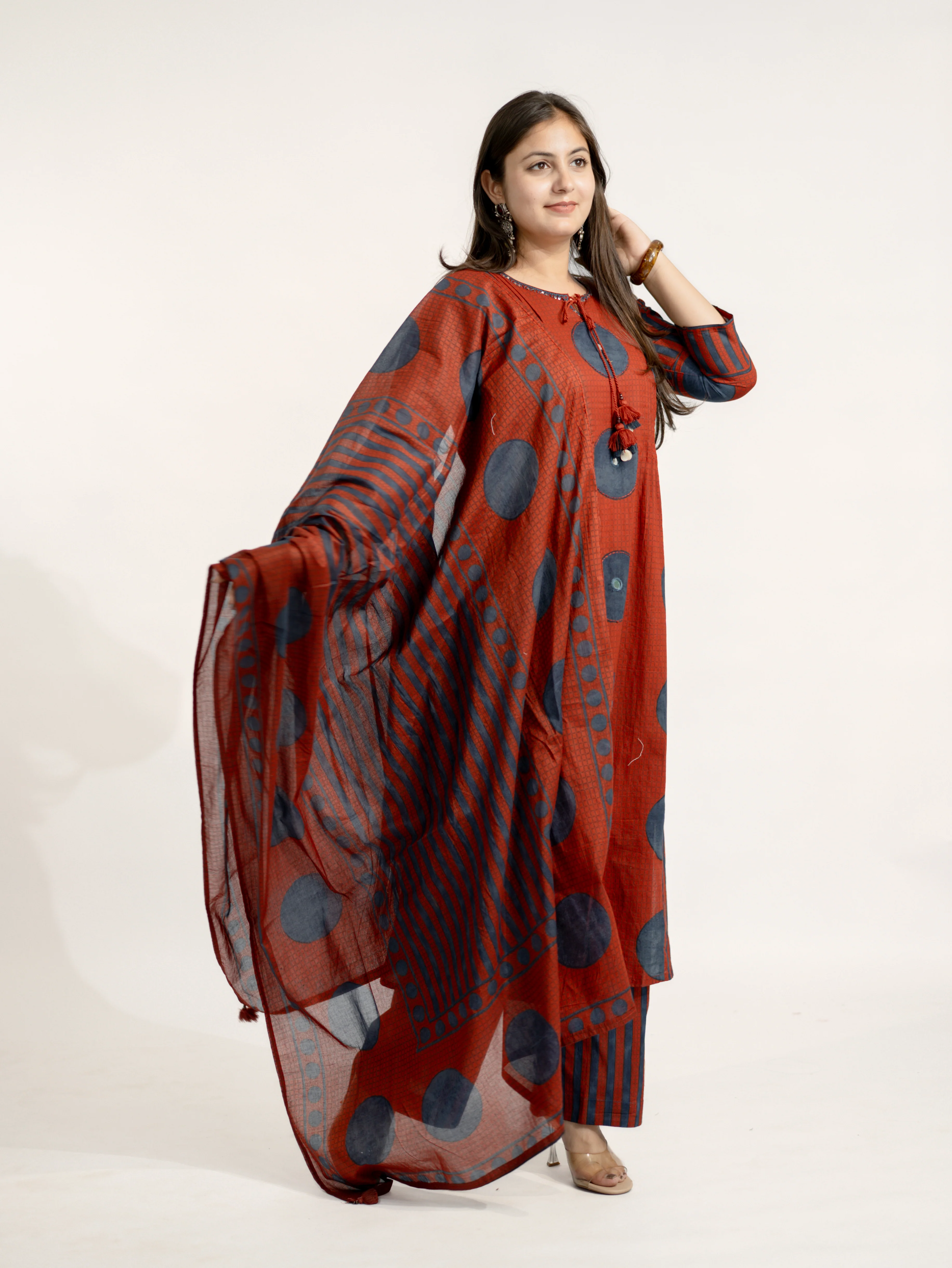 Jiya Red Cotton Ajrakh Straight Embroidered Dupatta Set - Image 3