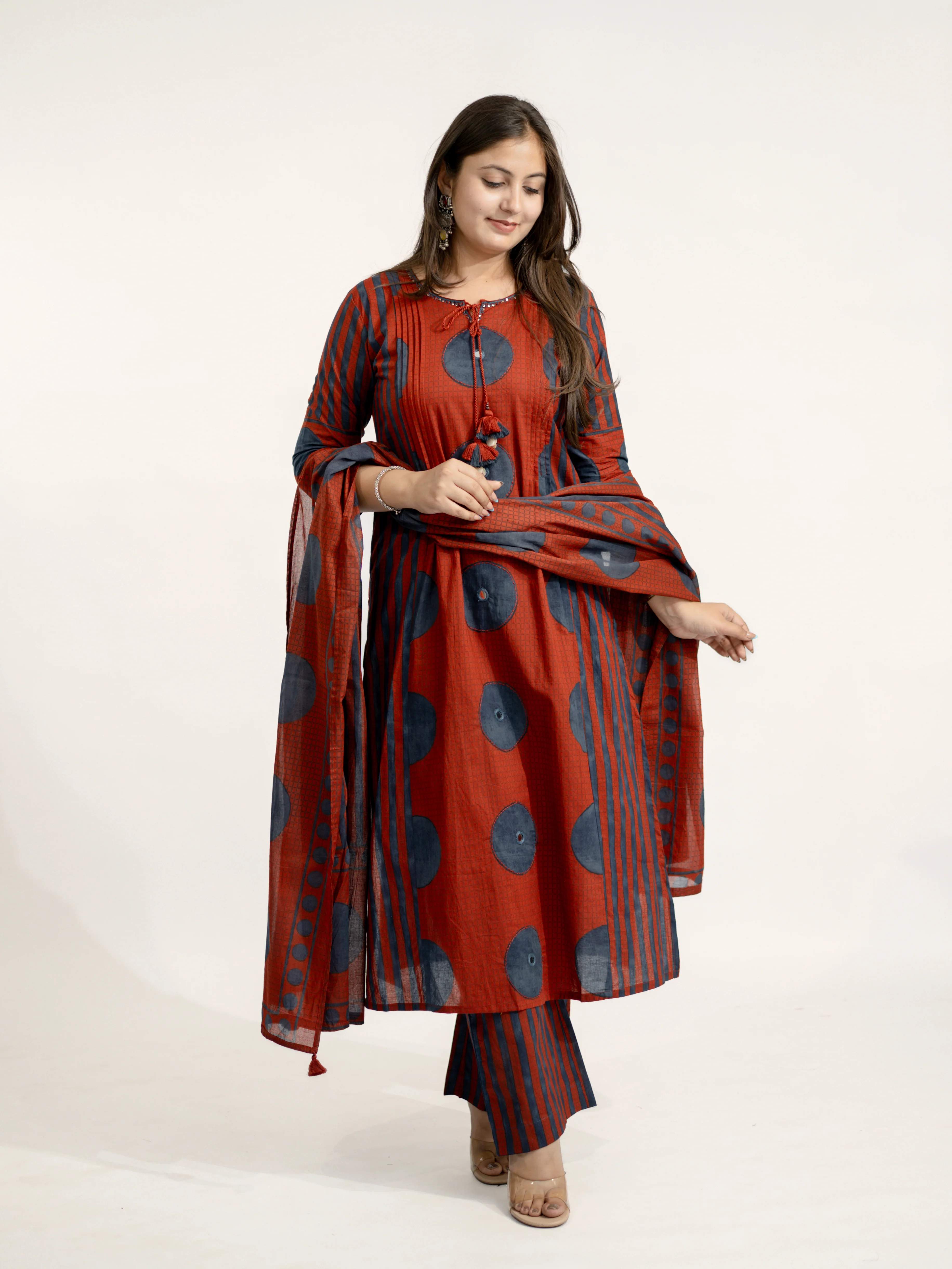 Jiya Red Cotton Ajrakh Straight Embroidered Dupatta Set - Image 4