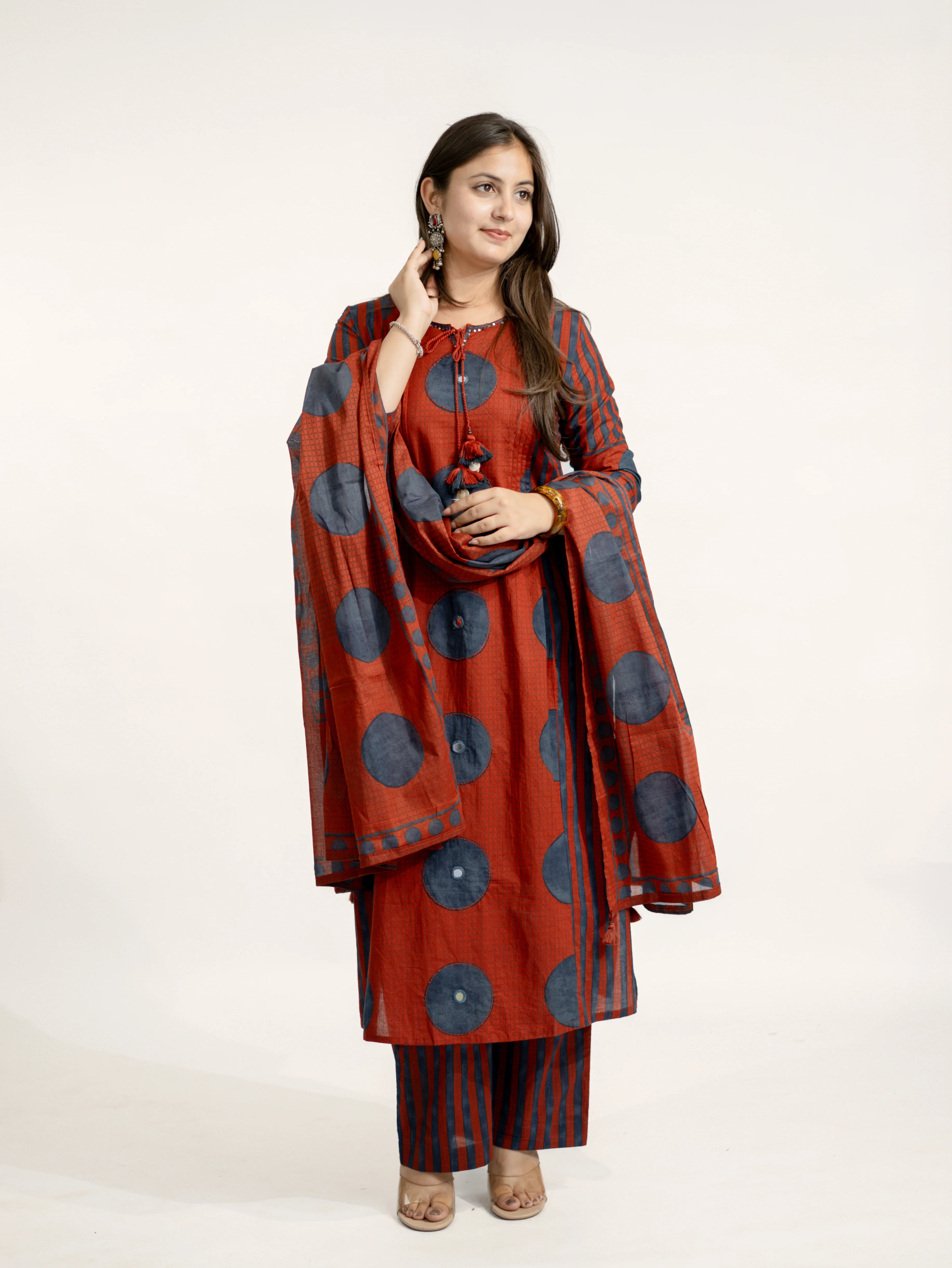 Jiya Red Cotton Ajrakh Straight Embroidered Dupatta Set - Image 5