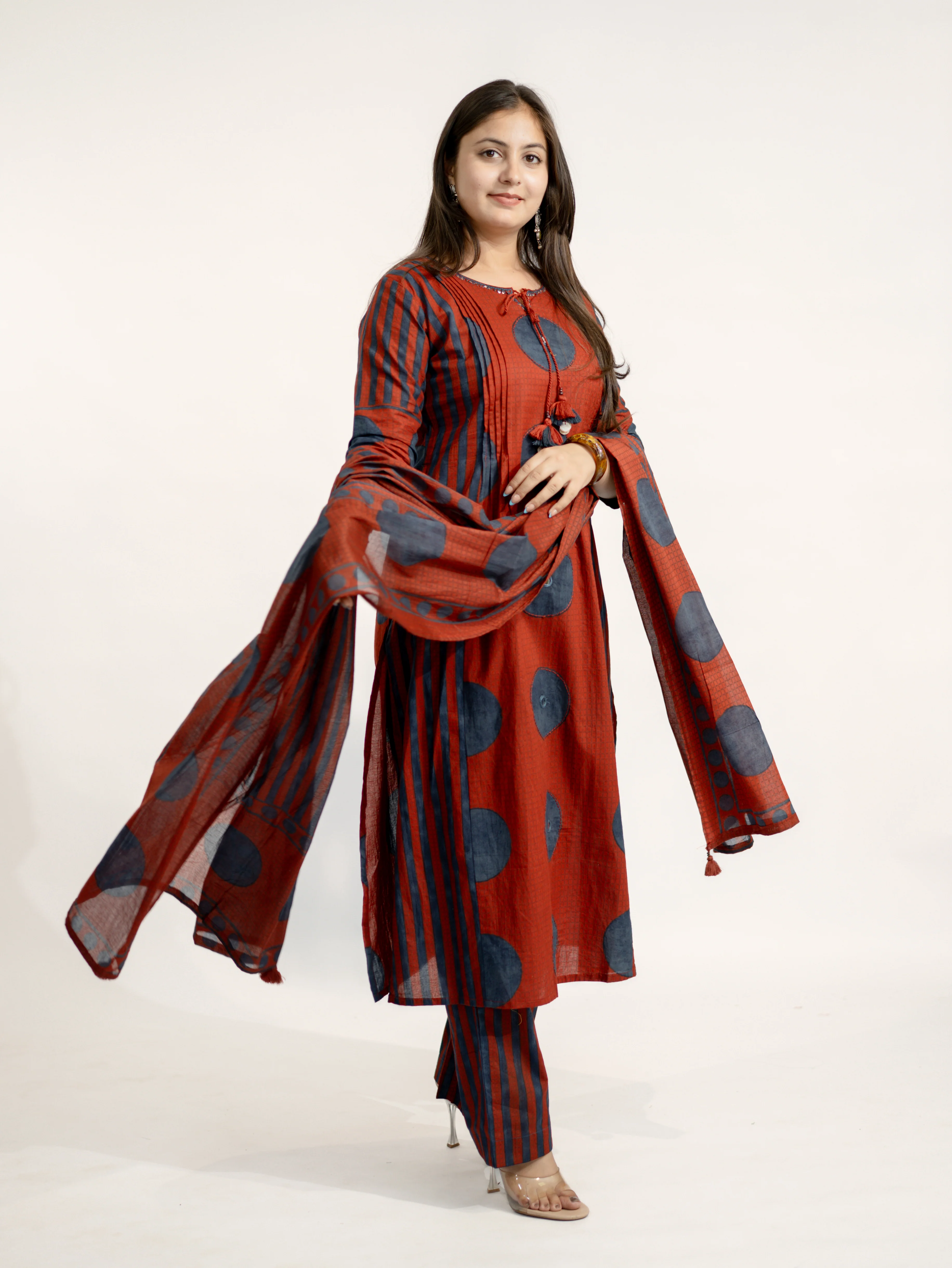 Jiya Red Cotton Ajrakh Straight Embroidered Dupatta Set - Image 6