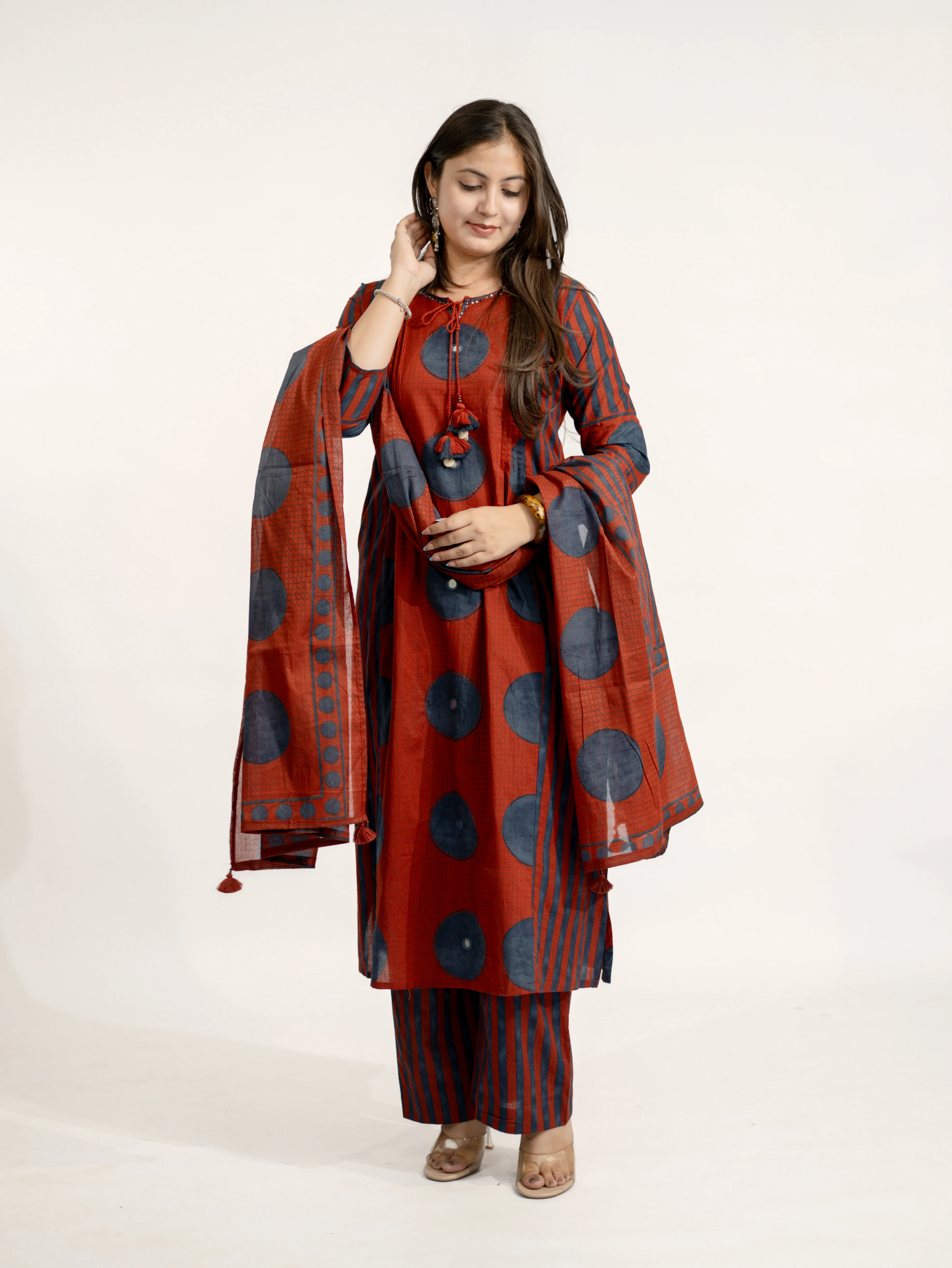 Jiya Red Cotton Ajrakh Straight Embroidered Dupatta Set - Image 7