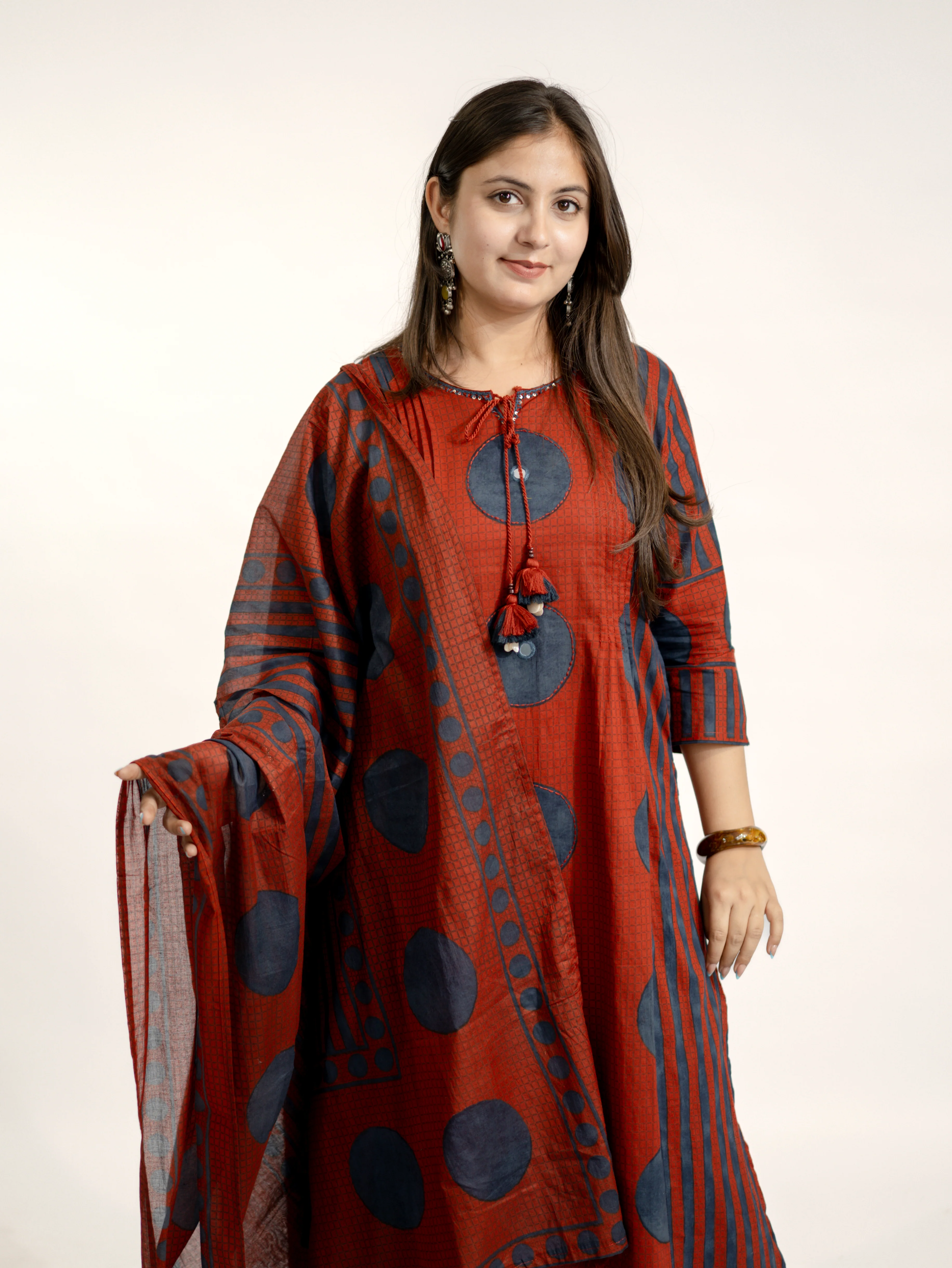 Jiya Red Cotton Ajrakh Straight Embroidered Dupatta Set - Image 8