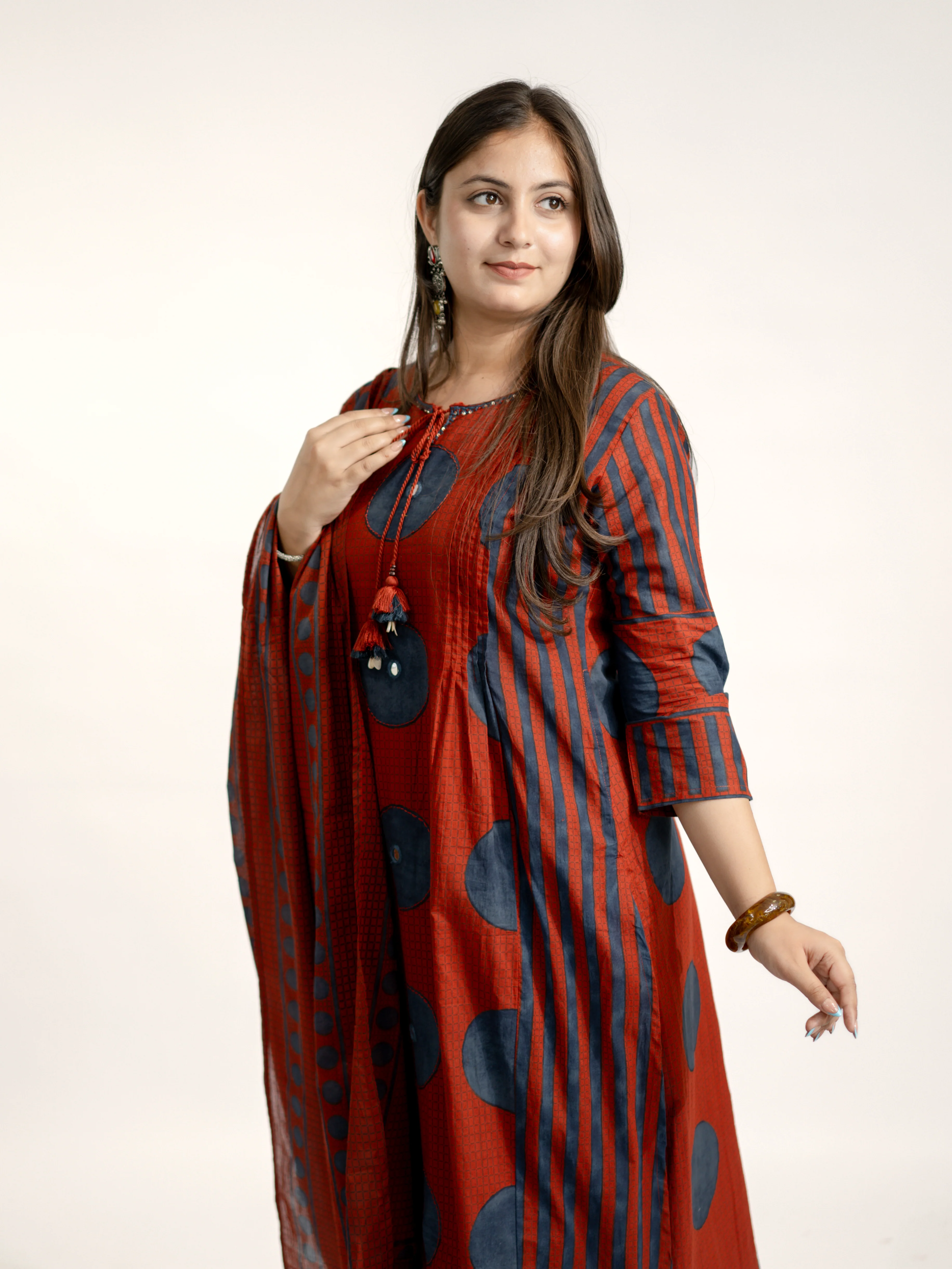 Jiya Red Cotton Ajrakh Straight Embroidered Dupatta Set - Image 9