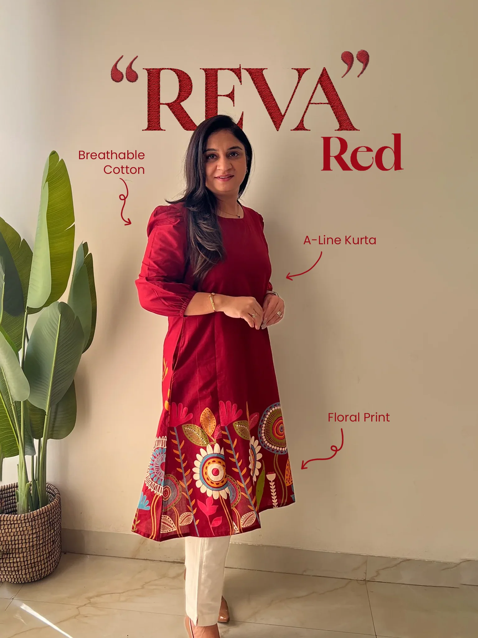 Reva Red Cotton Floral A-line Kurta
