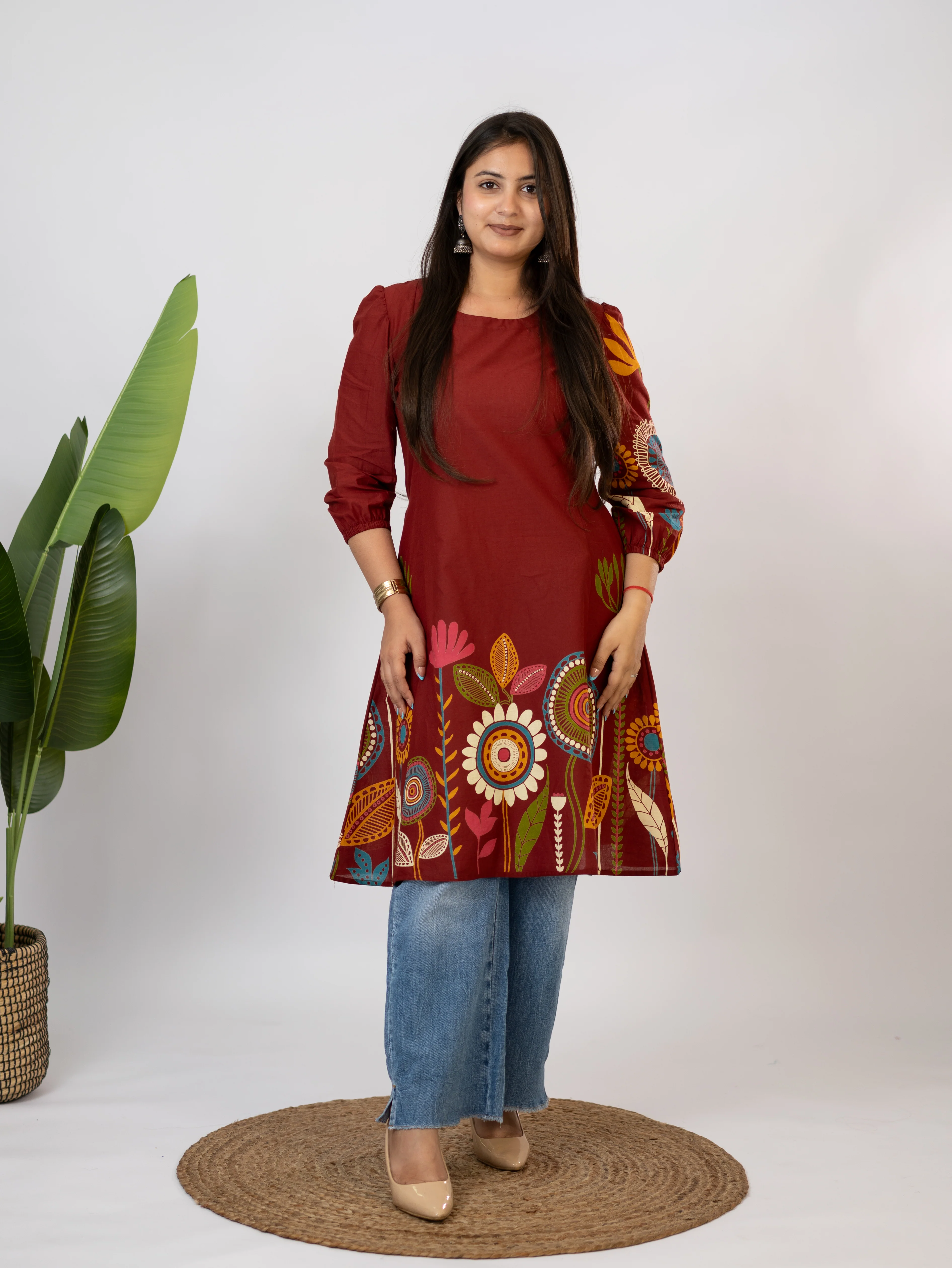 Reva Red Cotton Floral A-line Kurta - Image 2