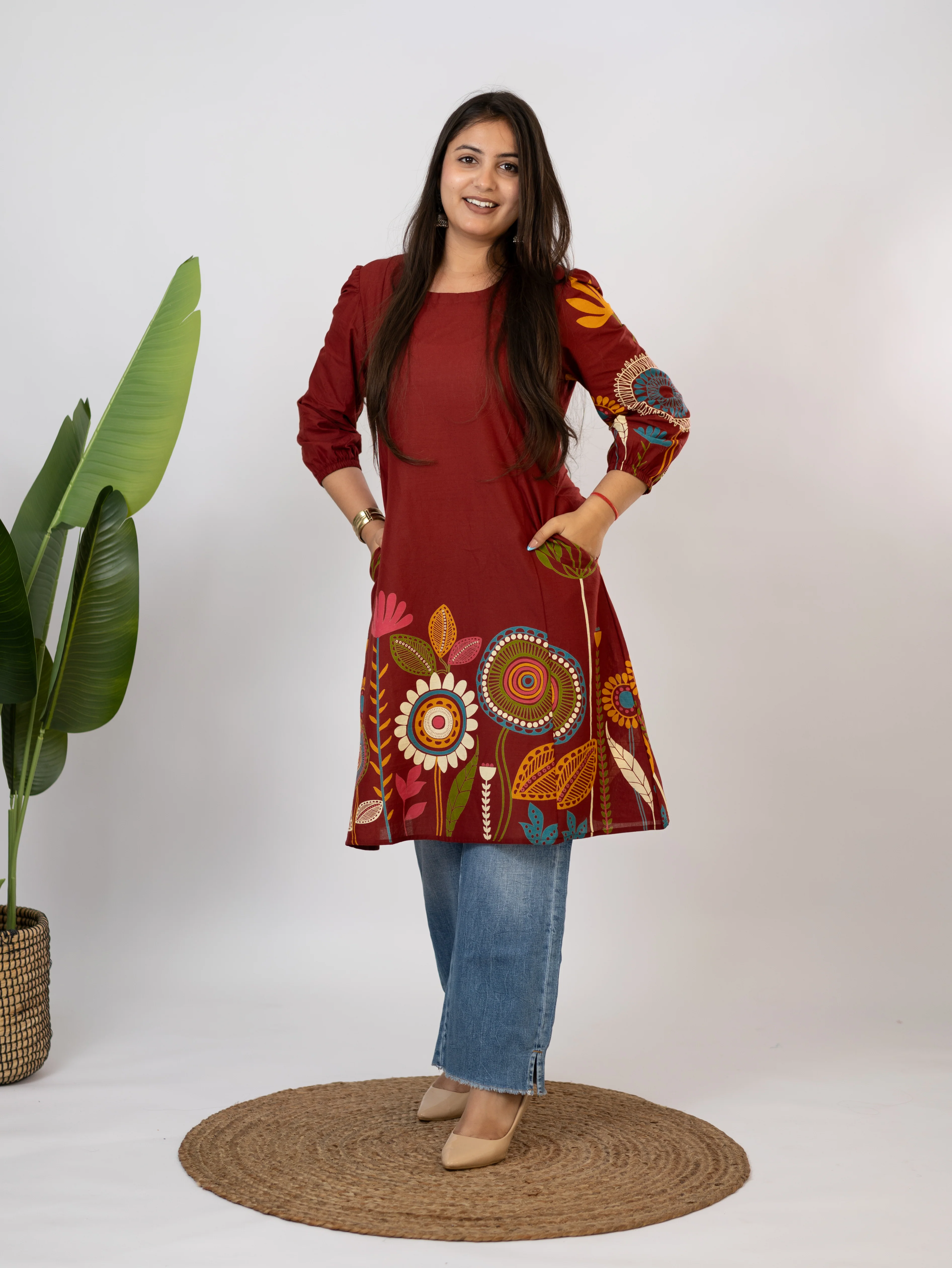 Reva Red Cotton Floral A-line Kurta - Image 3