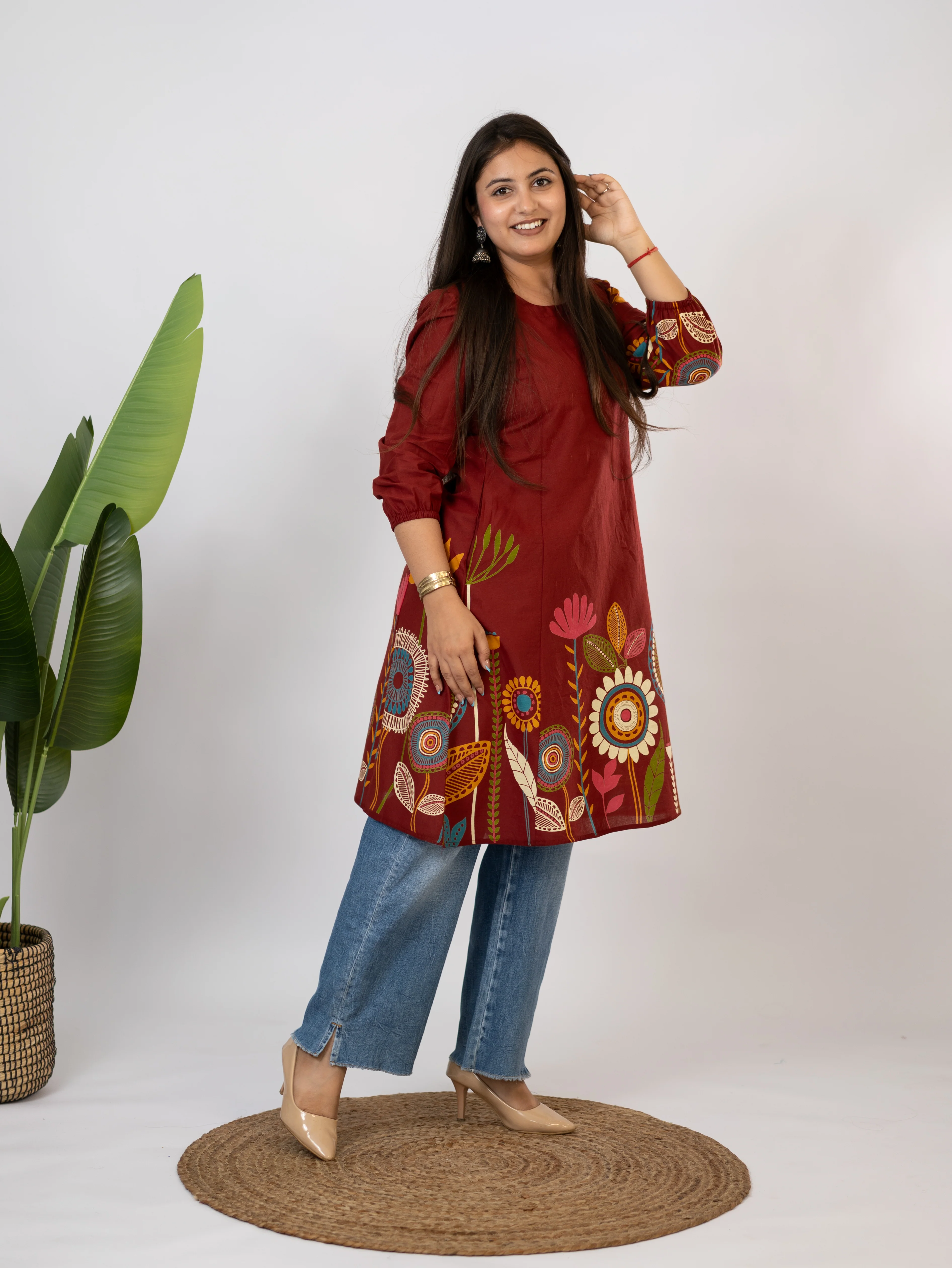Reva Red Cotton Floral A-line Kurta - Image 4