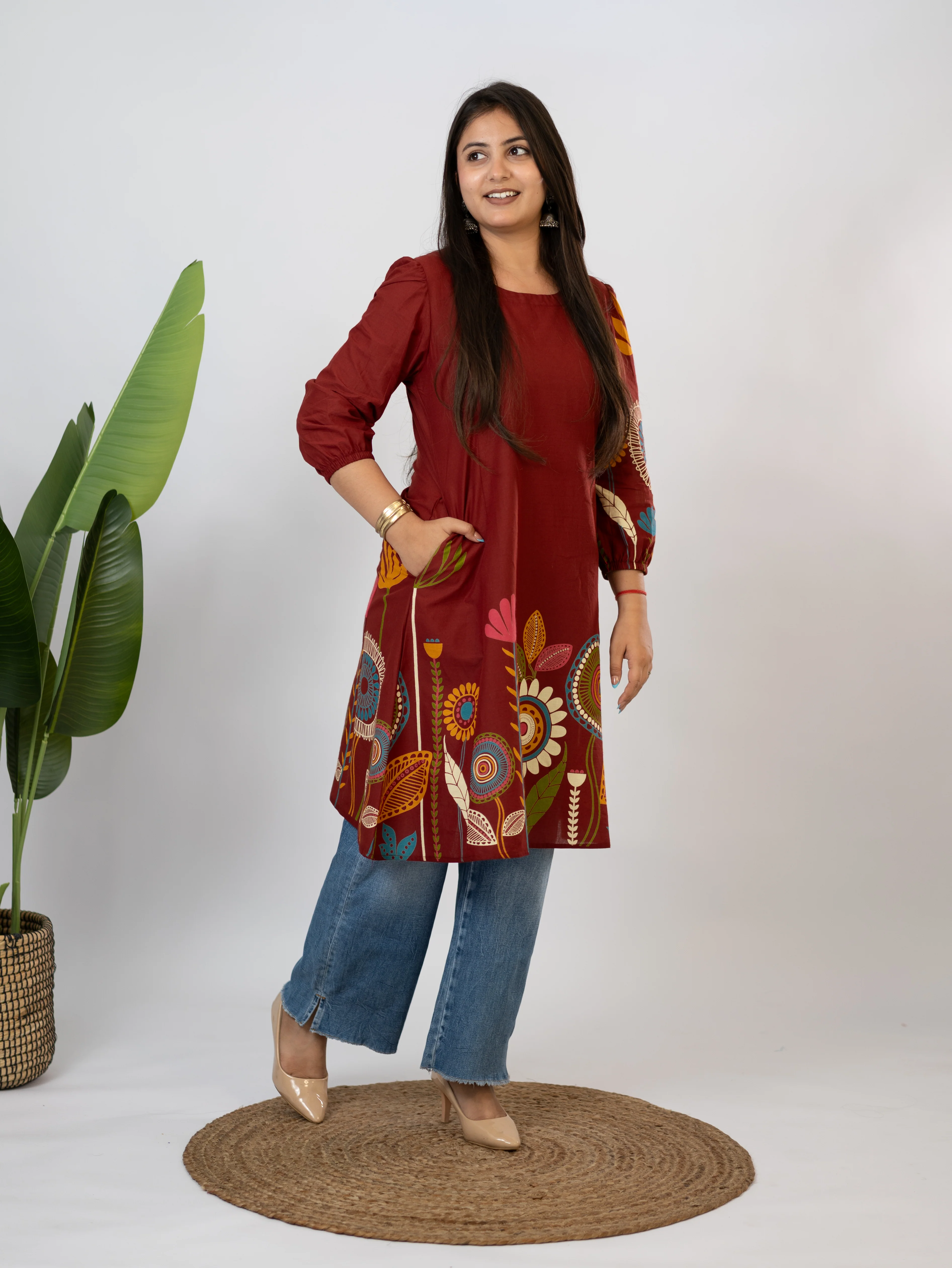 Reva Red Cotton Floral A-line Kurta - Image 5