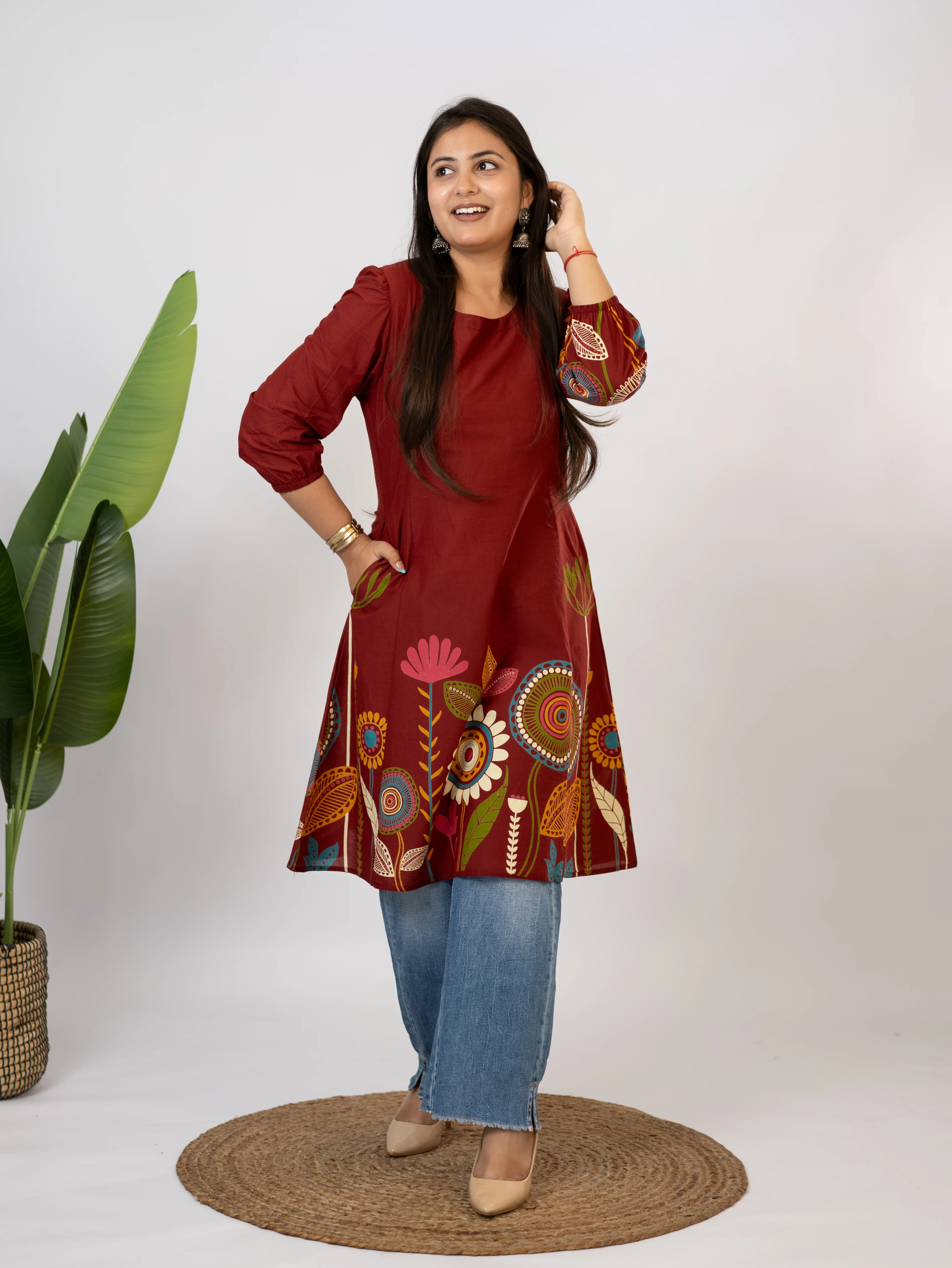 Reva Red Cotton Floral A-line Kurta - Image 6