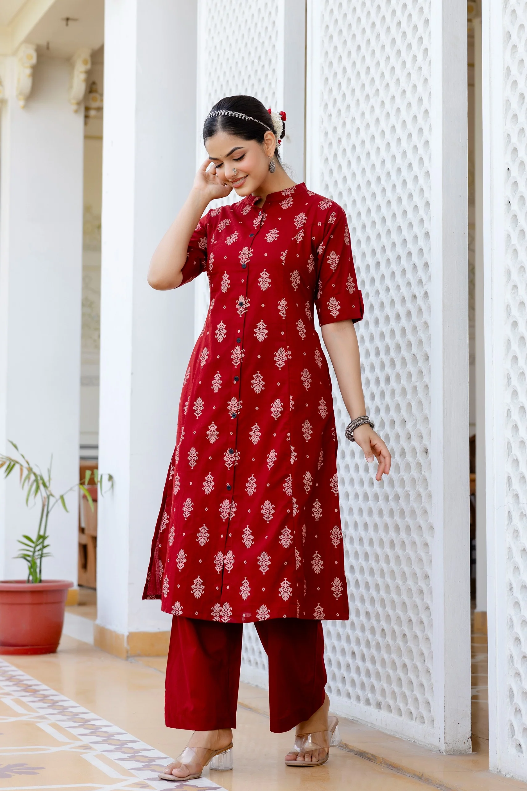 Red Jamdani Cotton A-line Coord Set - Image 4