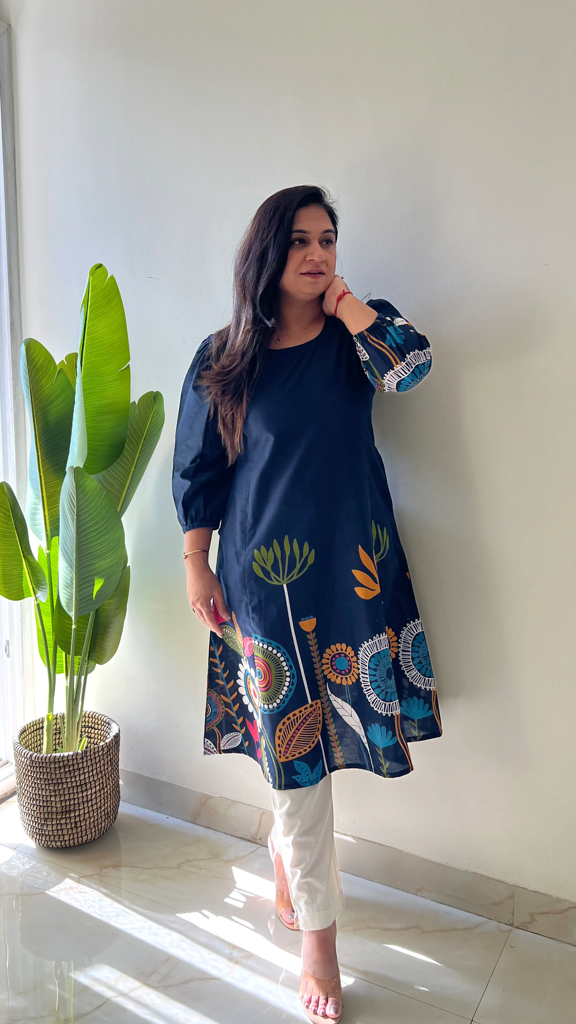 Reva Blue Cotton Floral A-line Kurta - Image 4
