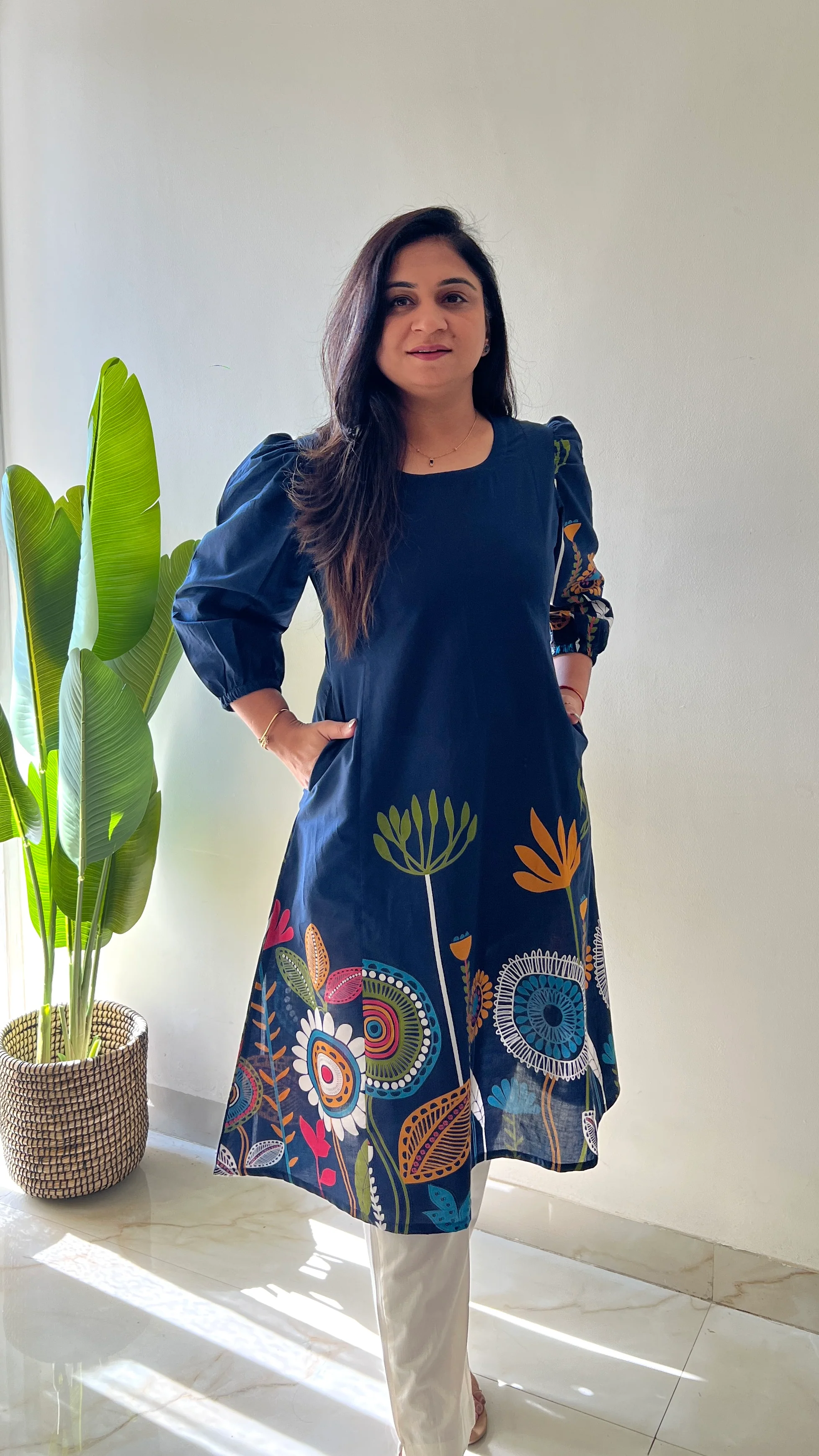 Reva Blue Cotton Floral A-line Kurta - Image 6