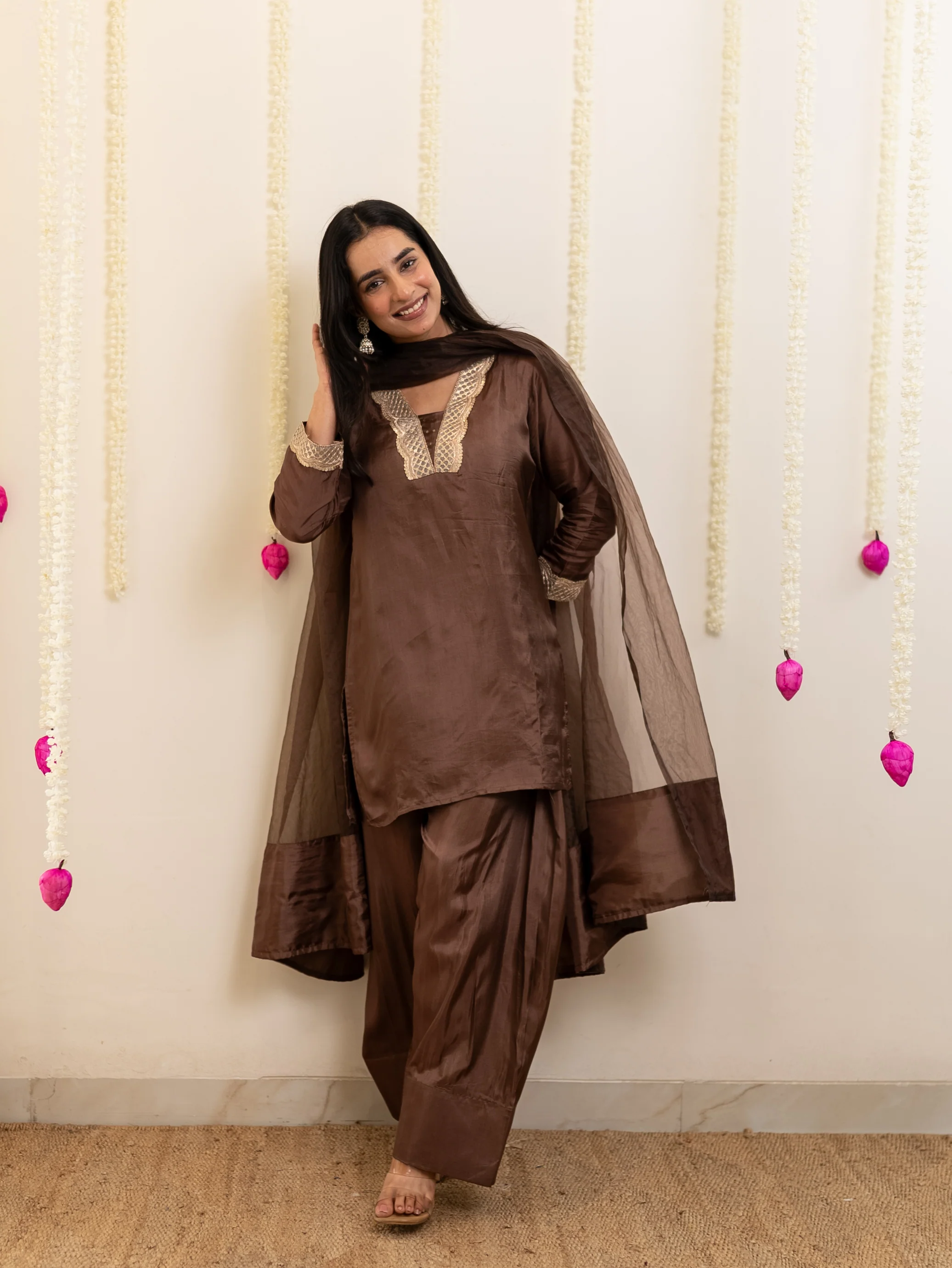 Ruba Brown Premium Crepe HandDetailed Farshi Suit - Image 3