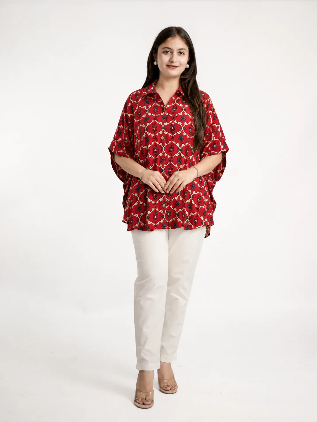 Ruma Red Muslin Handblock Kaftaan Shirt - Image 4